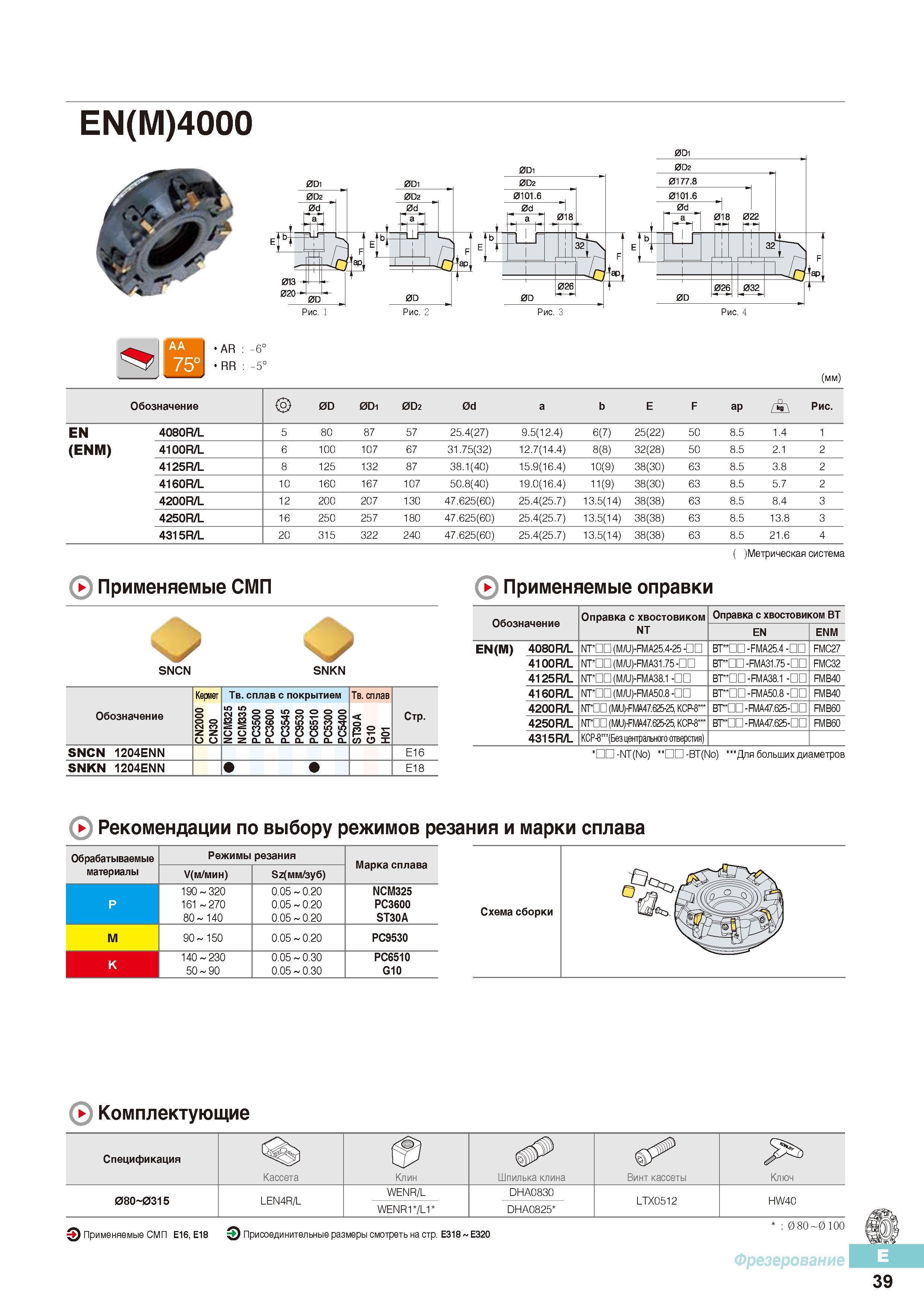 426 Торцевые фрезы по металлу Korloy EN(M)4000 с режущими твердосплавными фрезерными пластинами Общий вид Присоединительные размеры Каталог KORLOY 2016 Металлорежущий инструмент и инструментальная оснастка для токарных фрезерных резьбонарезных сверлильных расточных технологических операций на станках Стр. E39