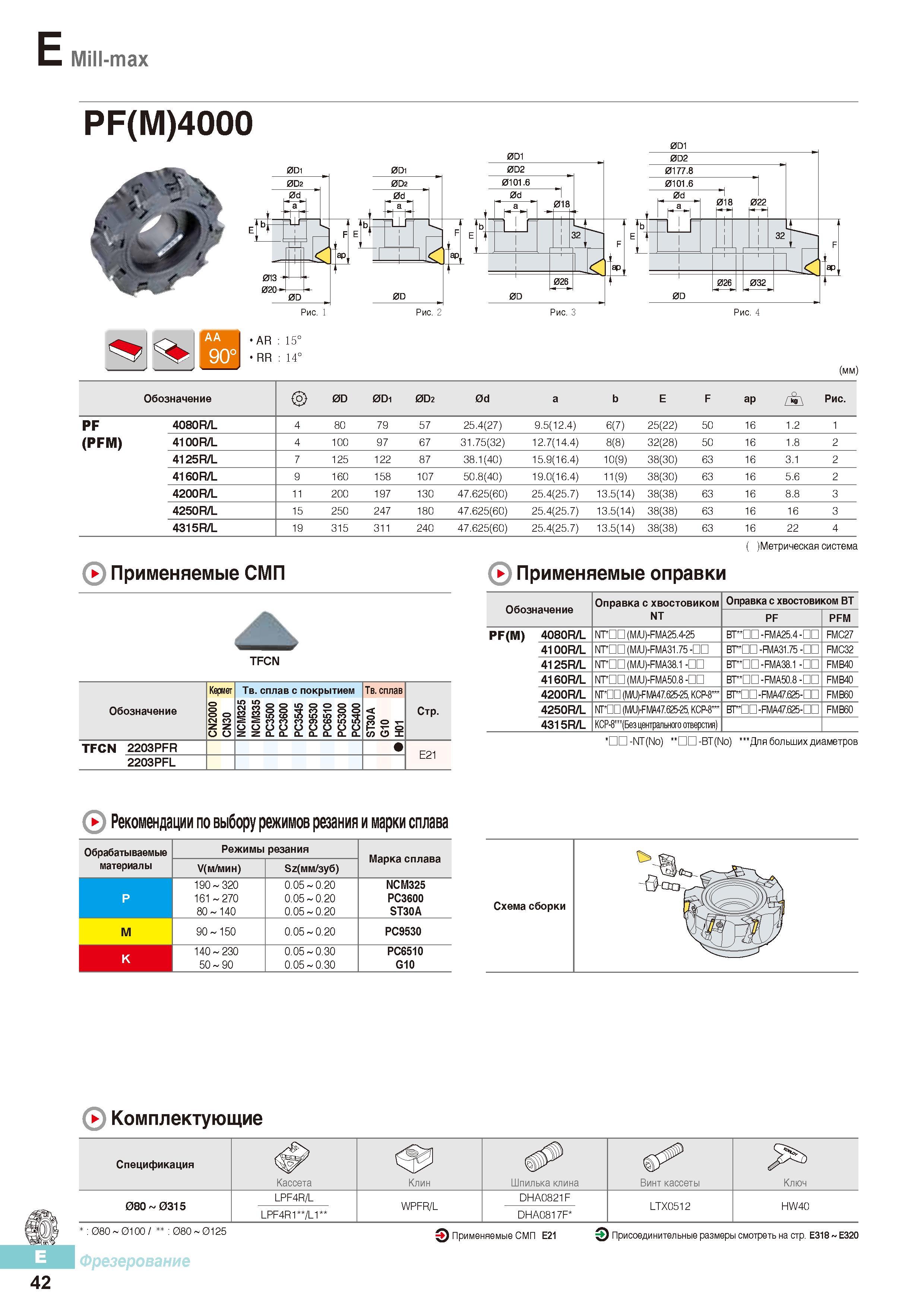 429 Торцевые фрезы по металлу Korloy Mill-max PF(M)4000 с режущими твердосплавными фрезерными пластинами Общий вид Присоединительные размеры Каталог KORLOY 2016 Металлорежущий инструмент и инструментальная оснастка для токарных фрезерных резьбонарезных сверлильных расточных технологических операций на станках Стр. E42