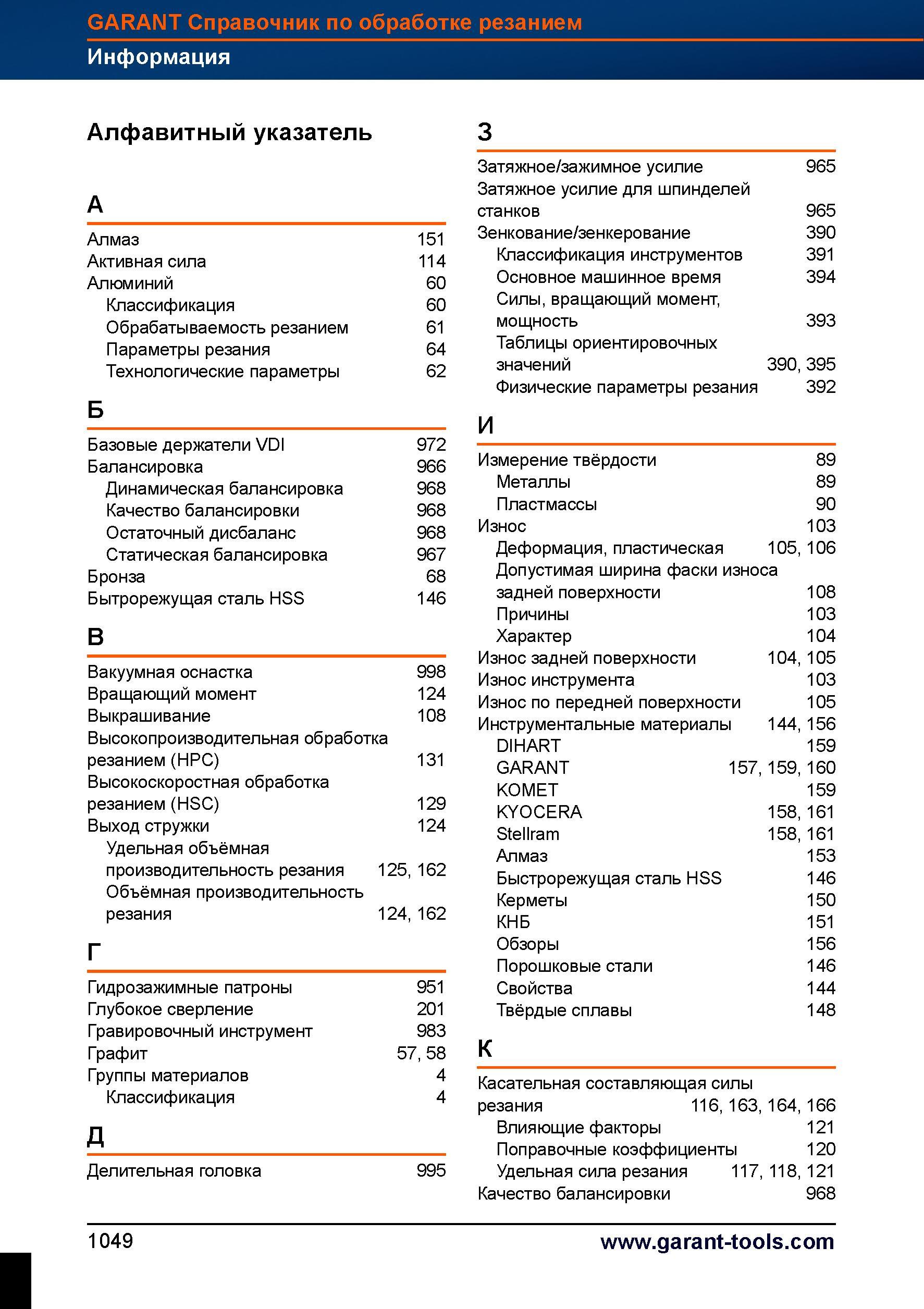 1073 Поисковый алфавитный указатель справочного руководства по металлообработке Garant Hoffmann Основные понятия и инструменты Алмаз Активная с Справочник HOFFMANN GROUP 2012 Обработка материалов резанием Garant ToolScout Металлорежущий инструмент и инструментальная оснастка для станков Стр. 1049