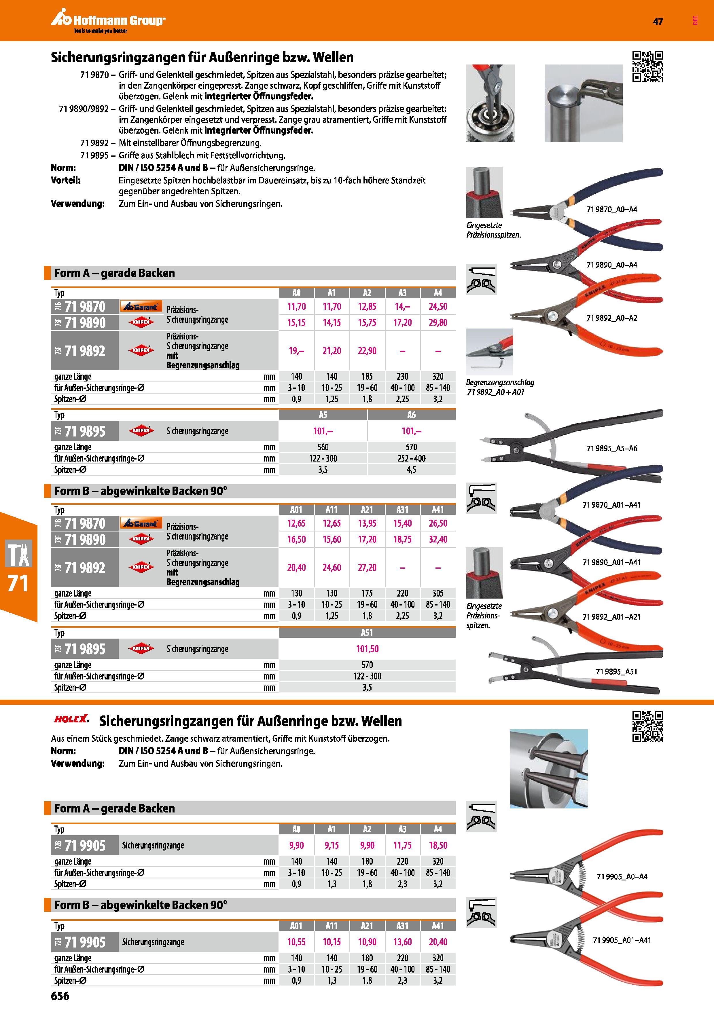 656 Sicherungsringzangen für Außenringe bzw Wellen 719870 - Griff- und Gelenkteil geschmiedet, Spitzen aus Spezialstahl, besonders präzise gearbeitet Каталог HOFFMANN GROUP 2016 Ручной слесарно-монтажный и контрольно-измерительный инструмент и приборы для предприятий машиностроения и мастерских сервисного обслуживания 47 версия издания Стр. 656 DEU