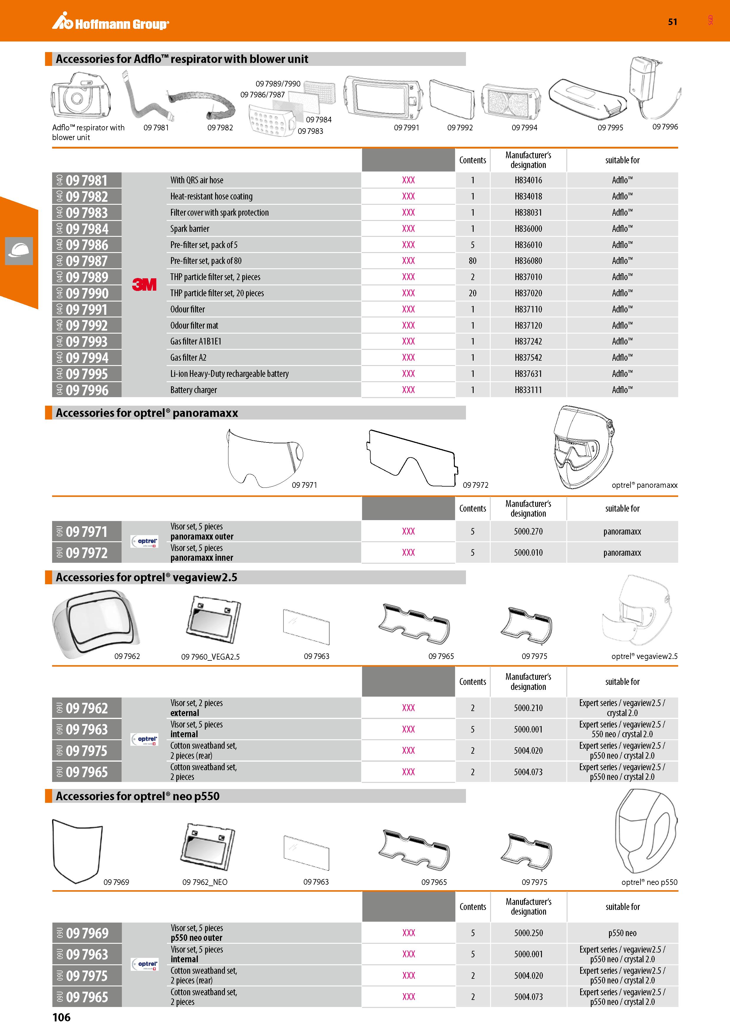 106 Hoffmann Group 51 Accessories for Adflo respirator with blower unit Adflo respirator with blower unit 09 7981 09 7982 09 7989/7990 09 7986/7987 T Каталог HOFFMANN GROUP 2020 Средства индивидуальной защиты органов зрения дыхания кожи СИЗ от поражения электрическим током шума Защитные перчатки Очки Специальная одежда Стр. 106