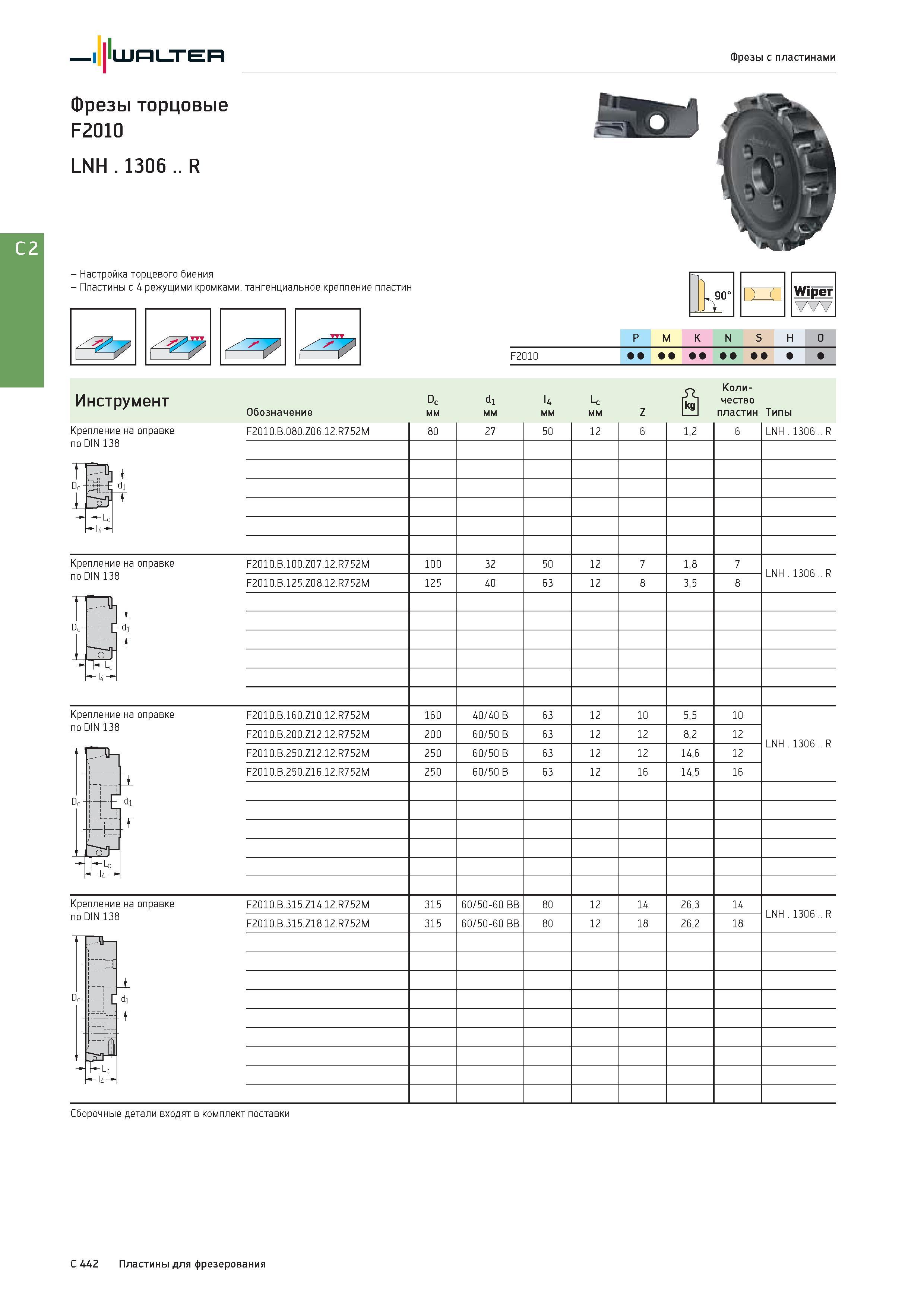 2154 Walter Фрезы с пластинами Фрезы торцовые F2010 LNH 1306 R - Настройка торцевого биения - Пластины с 4 режущими кромками, тангенциальное крепление пластин Каталог WALTER 2017 Инструмент металлорежущий и вспомогательный для металлообрабатывающих станков Сменные пластины Резцы Державки Расточные оправки Сверла Фрезы Патроны Стр. C442