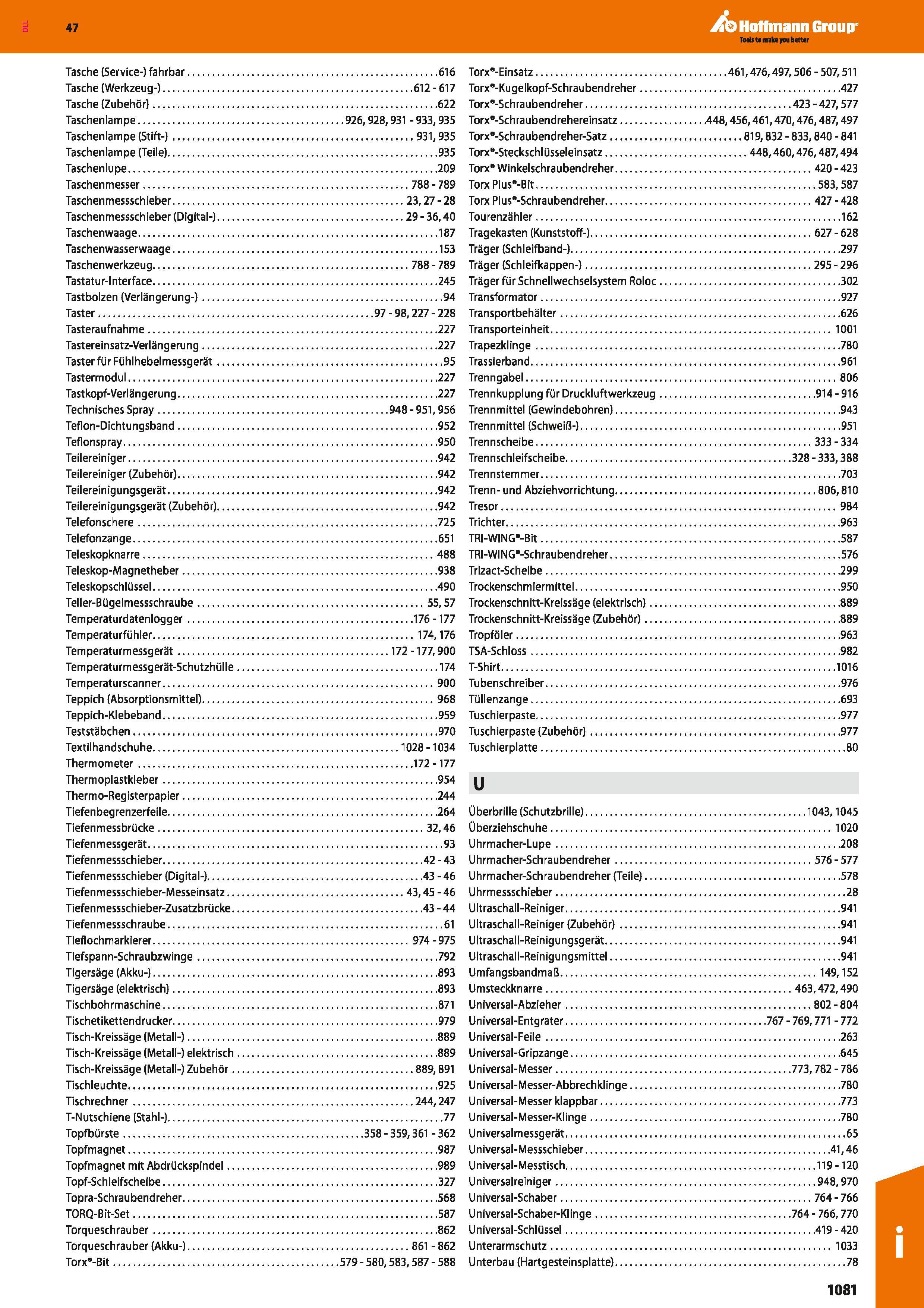 1081 Tasche (Service-) fahrbar 616 Torx’-Einsatz 461,476,497,506 - 507,511 Tasche (Werkzeug-) 612-617 Torx’-Kugelkopf-Schraubendreher 427 Tasche (Zube Каталог HOFFMANN GROUP 2016 Ручной слесарно-монтажный и контрольно-измерительный инструмент и приборы для предприятий машиностроения и мастерских сервисного обслуживания 47 версия издания Стр. 1081 DEU