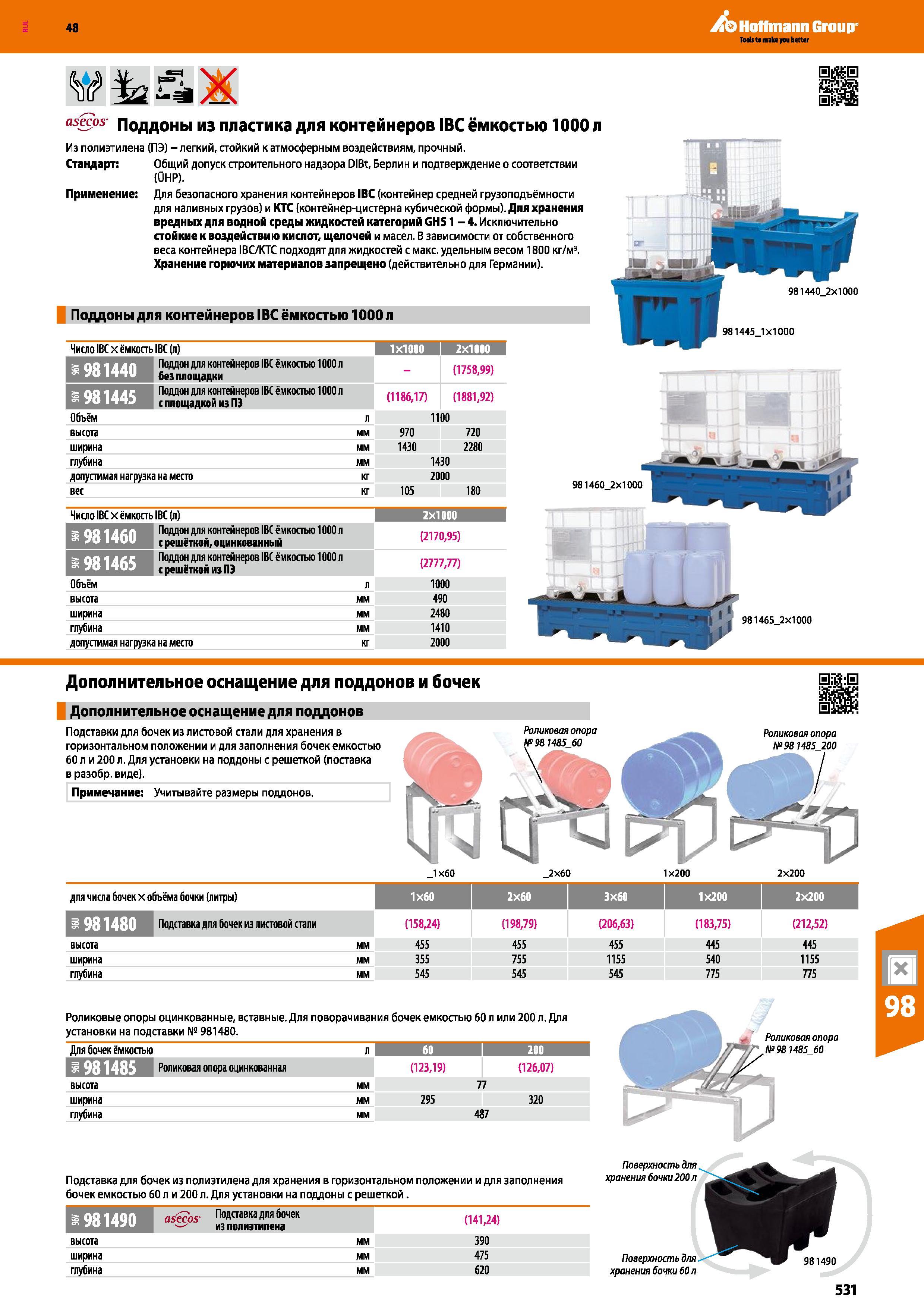 531 Ю&йЖ asecos Поддоны из пластика для контейнеров IBC ёмкостью 1000 л Из полиэтилена (ПЭ) - легкий, стойкий к атмосферным воздействиям, прочный Ста Каталог HOFFMANN GROUP 2017 Мебель производственная Промышленные системы хранения Рабочие места Верстаки Автоматизированные шкафы Складское оборудование Стр. 531