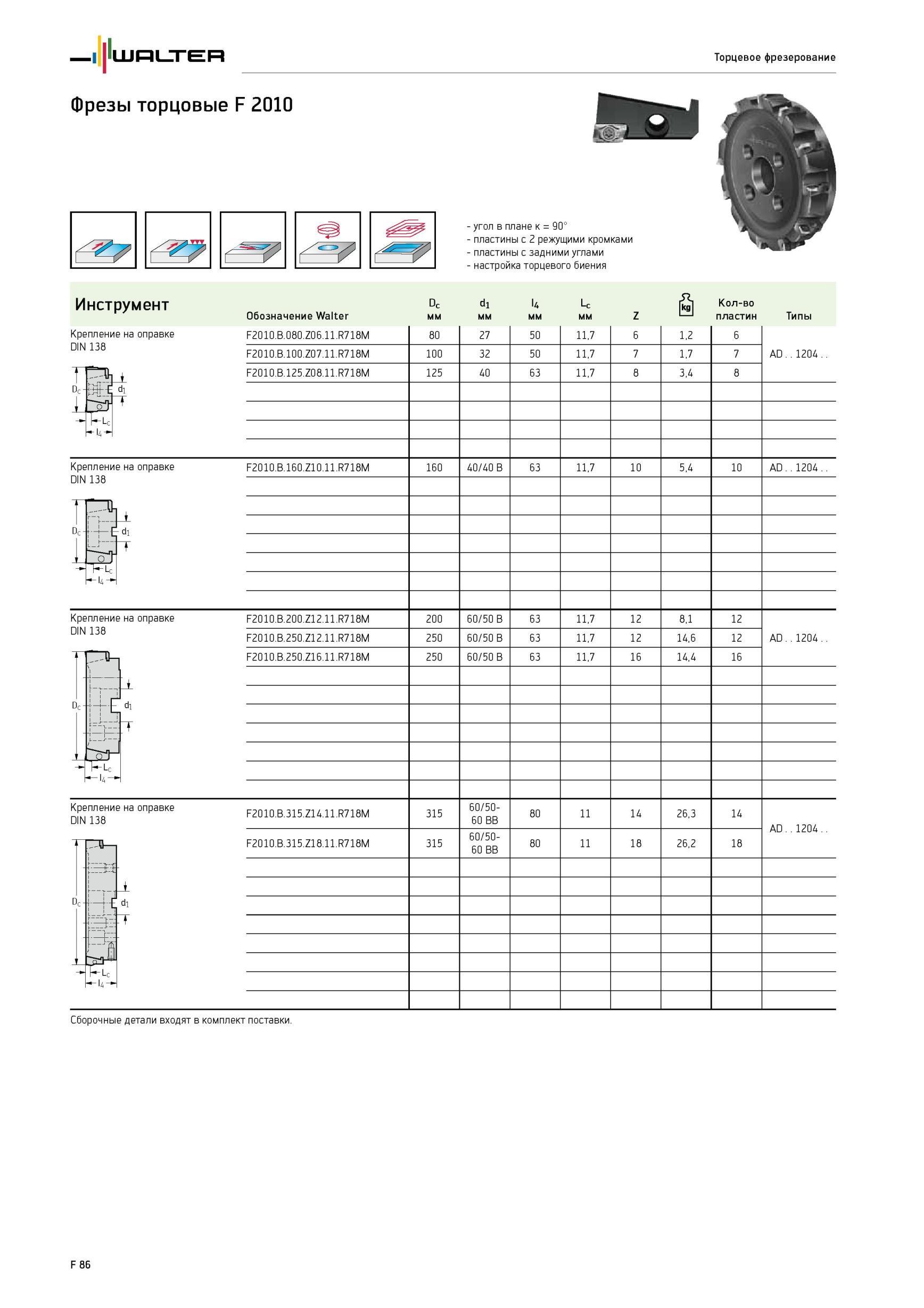 1736 Торцевое фрезерование Фрезы торцовые Walter F 2010 угол в плане к 90° пластины с 2 режущими кромками пластины с задними углами настройка торцевого биения Инст Каталог WALTER 2012 Режущий инструмент и инструментальная оснастка Стр. F86