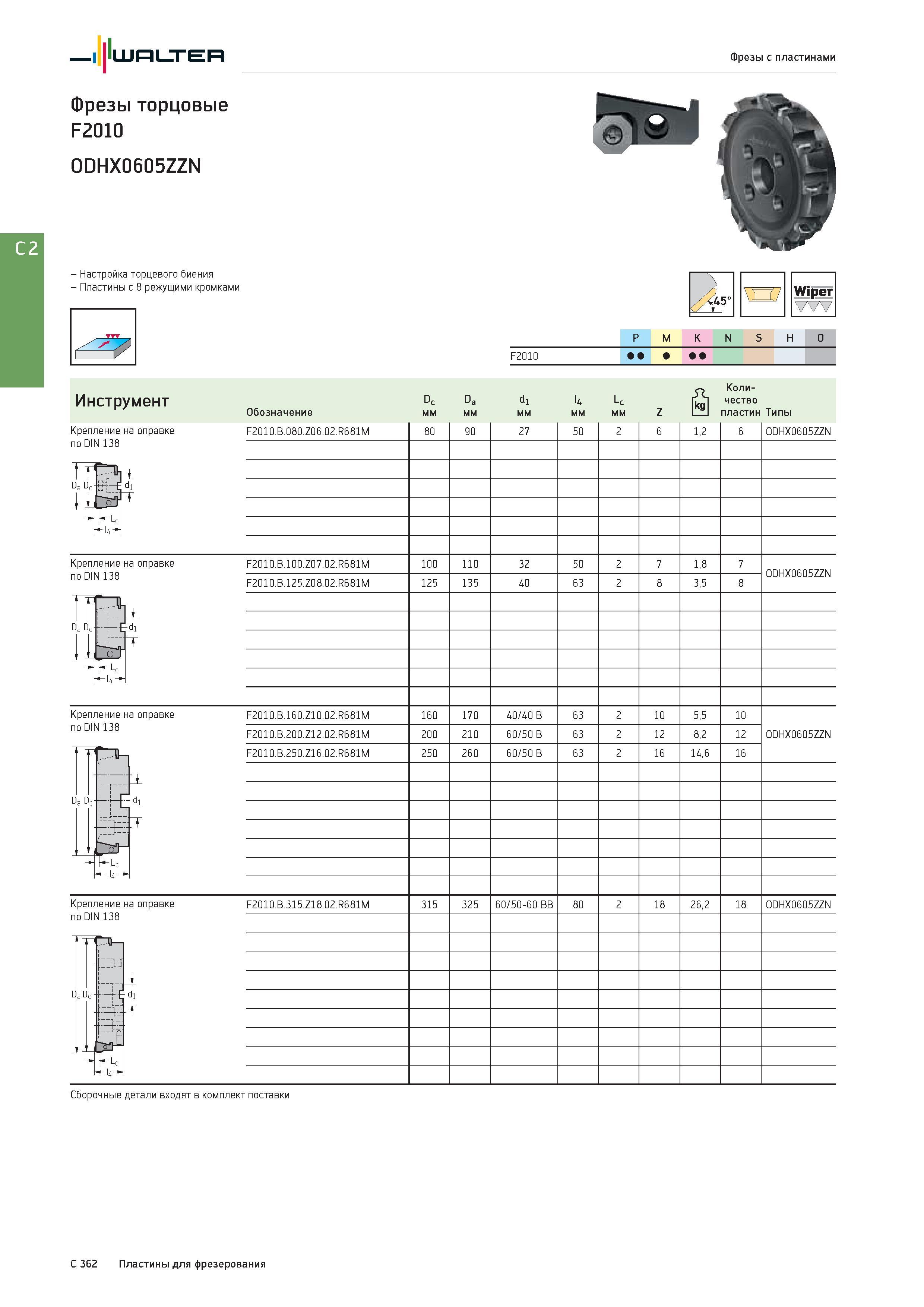 2074 Walter Фрезы с пластинами Фрезы торцовые F2010 ODHX0605ZZN - Настройка торцевого биения - Пластины с 8 режущими кромками Крепление на оправке по DIN 138 Каталог WALTER 2017 Инструмент металлорежущий и вспомогательный для металлообрабатывающих станков Сменные пластины Резцы Державки Расточные оправки Сверла Фрезы Патроны Стр. C362
