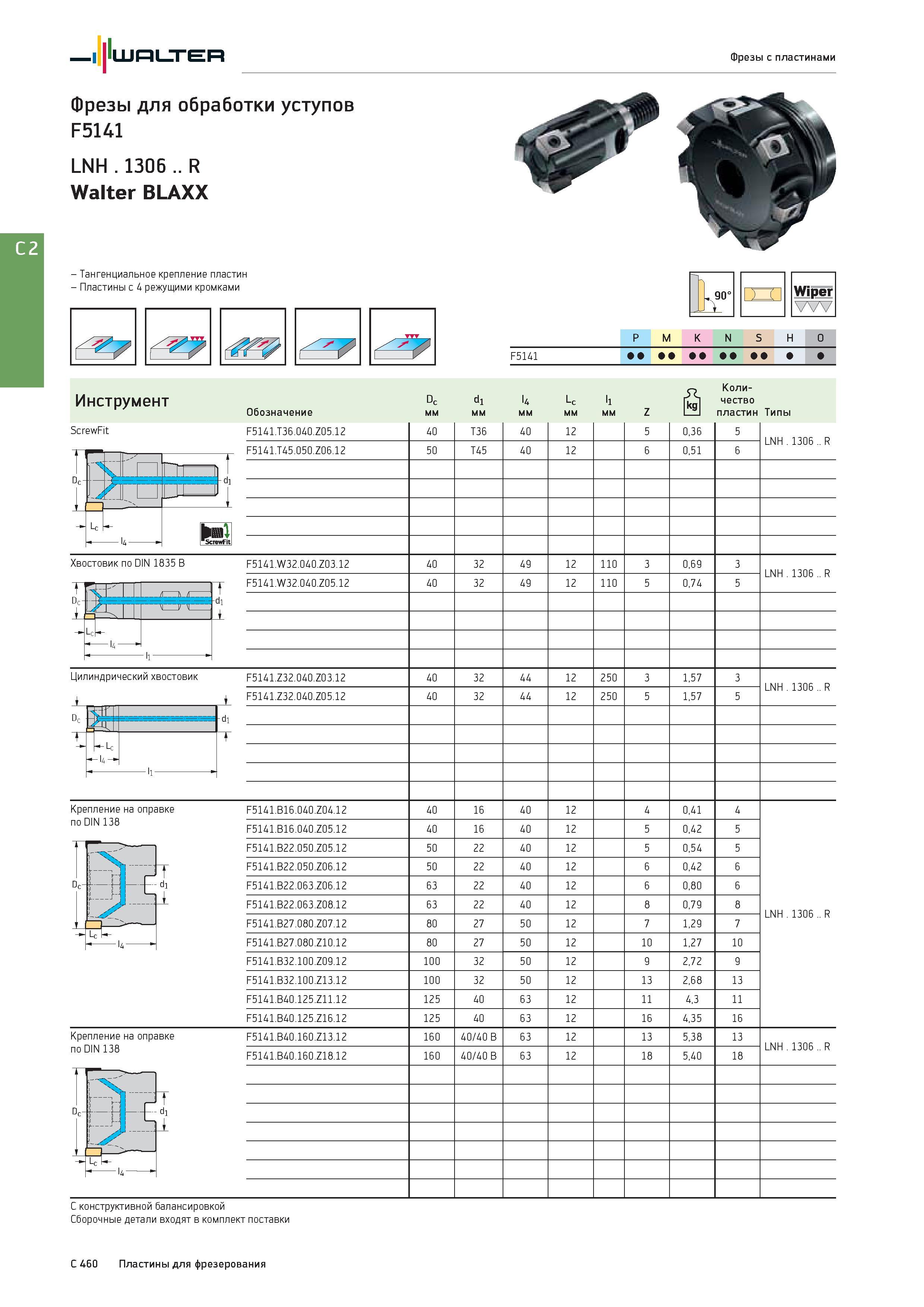 2172 Walter Фрезы с пластинами Фрезы для обработки уступов F5141 LNH 1306 R Walter BLAXX - Тангенциальное крепление пластин - Пластины с 4 режущими кромками J Каталог WALTER 2017 Инструмент металлорежущий и вспомогательный для металлообрабатывающих станков Сменные пластины Резцы Державки Расточные оправки Сверла Фрезы Патроны Стр. C460
