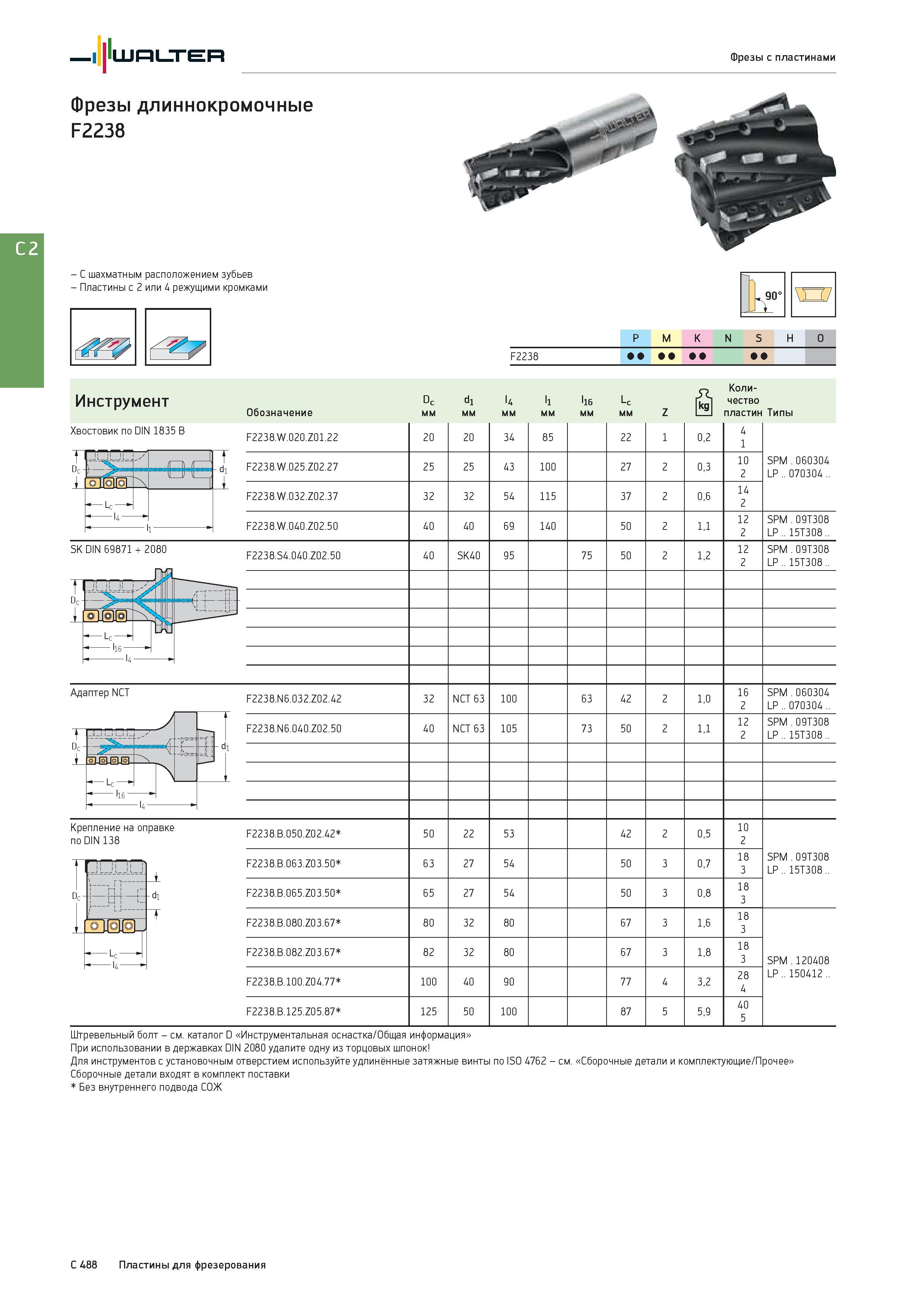 2200 Walter Фрезы с пластинами Фрезы длиннокромочные F2238 - С шахматным расположением зубьев - Пластины с 2 или 4 режущими кромками 90° P M K N S H O Группы Каталог WALTER 2017 Инструмент металлорежущий и вспомогательный для металлообрабатывающих станков Сменные пластины Резцы Державки Расточные оправки Сверла Фрезы Патроны Стр. C488