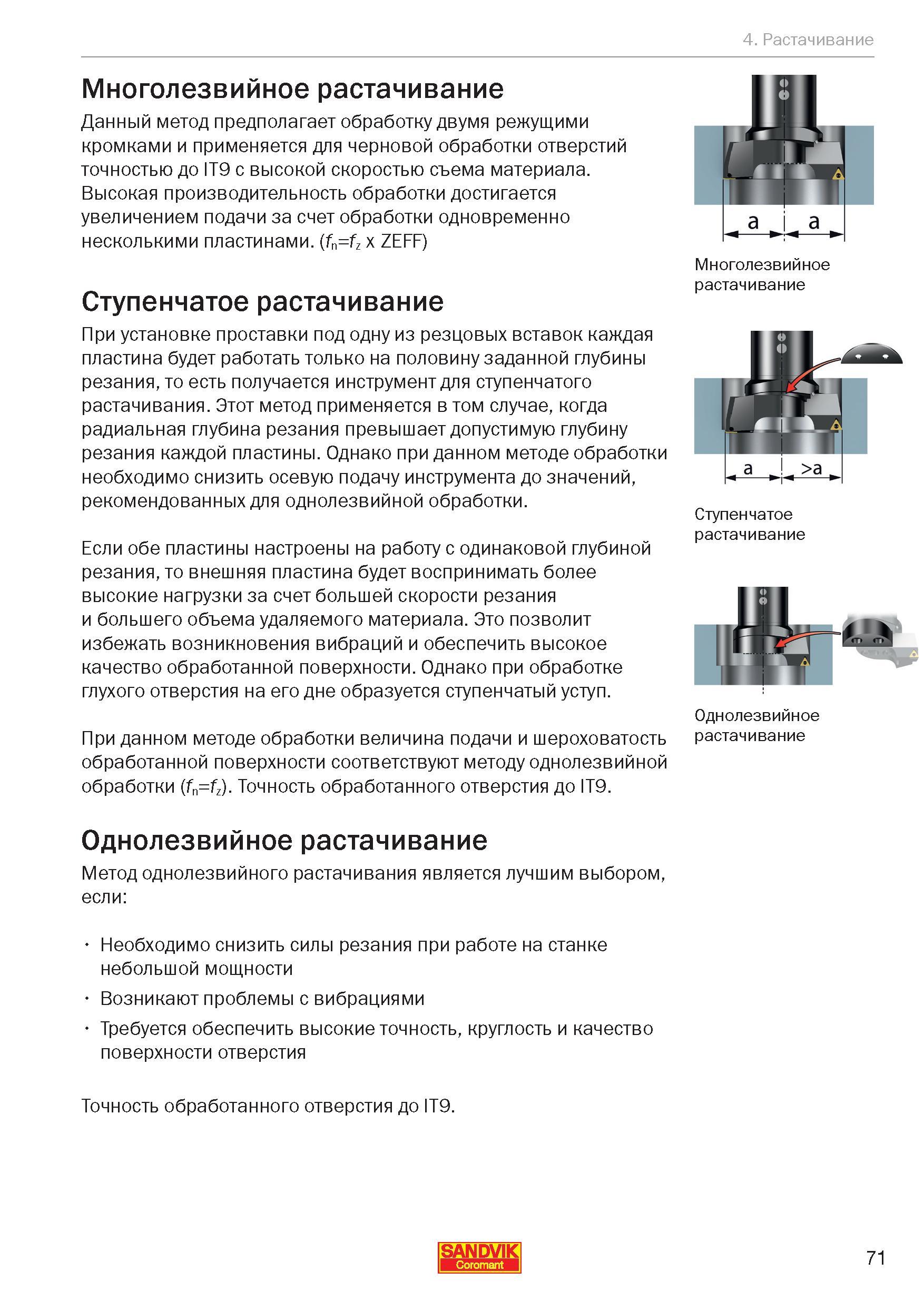 73 Многолезвийное растачивание расточным инструментом предполагает обработку двумя режущими кромками и применяется для черновой обработки отвер Руководство SANDVIK COROMANT 2012 Антивибрационный инструмент Silent Tools для фрезерных токарных расточных и специальных технологических операций на металлорежущих станках Стр. 71
