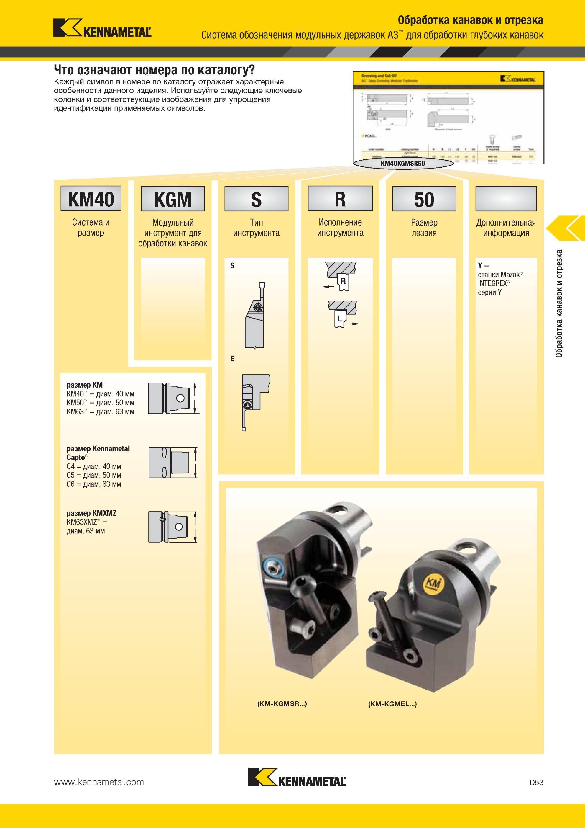 443 Система обозначения модульных державок Kennametal A3 для обработки глубоких канавок Система и размер Модульный инструмент для обработки канавок размер Мастер-каталог KENNAMETAL 2013 Металлорежущий инструмент Точение Обработка отверстий Фрезерование Стр. D53