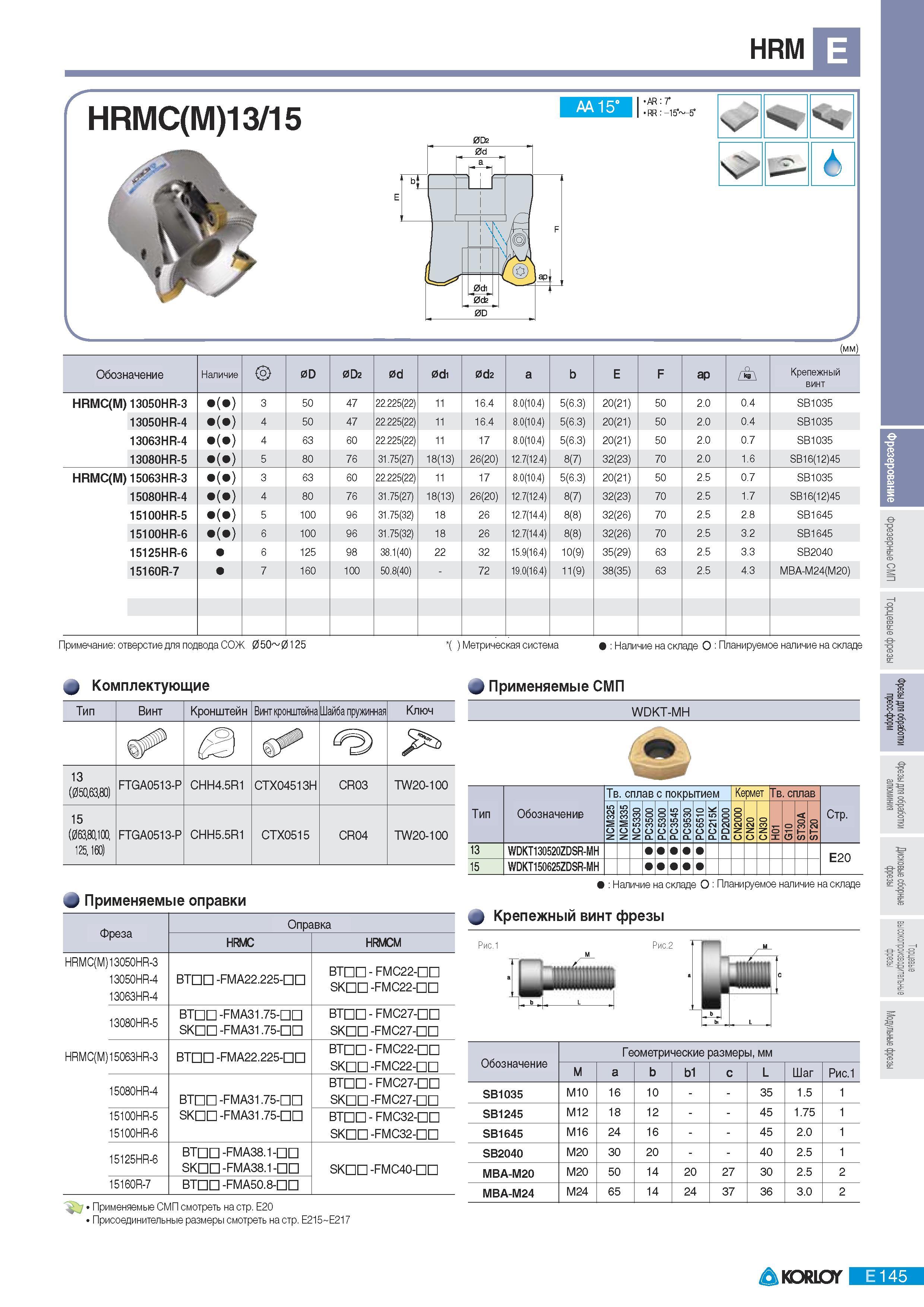431 Фрезы Korloy со сменными пластинами HRM AA 15 AR:7 RR -15' 5 ЧХ 2- 6 (мм) Обозначение Наличие 0D 0D2 0d 0di 0d2 а b Е F ар Крепежный винт HRMC(M) 13050HR-3 Каталог KORLOY 2011 Металлорежущий инструмент сборный и твердосплавный для металлообрабатывающих станков и оборудования Стр. E145