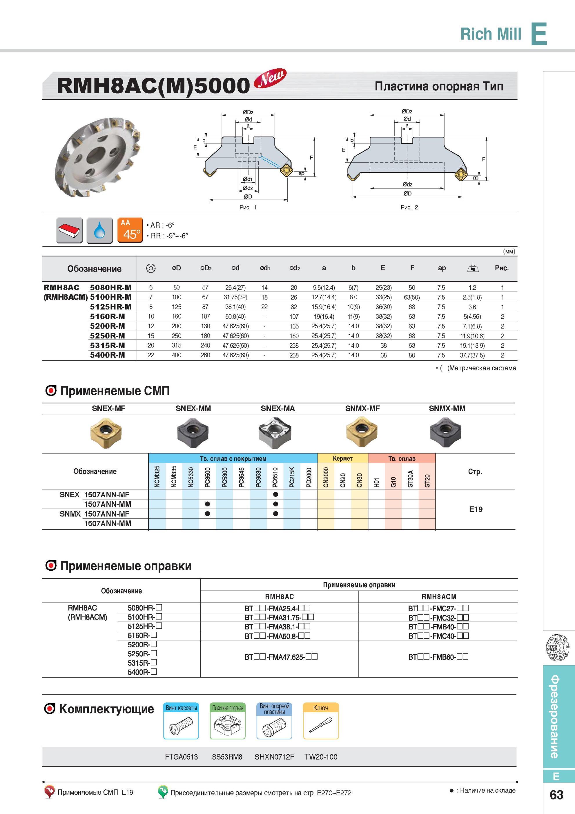 411 Фрезы Rich Mill E RMH8AC(M)5000 Пластина опорная Korloy Тип Каталог KORLOY 2014 Металлорежущий инструмент Точение Фрезерование Сверление Инструментальная оснастка Стр. E63