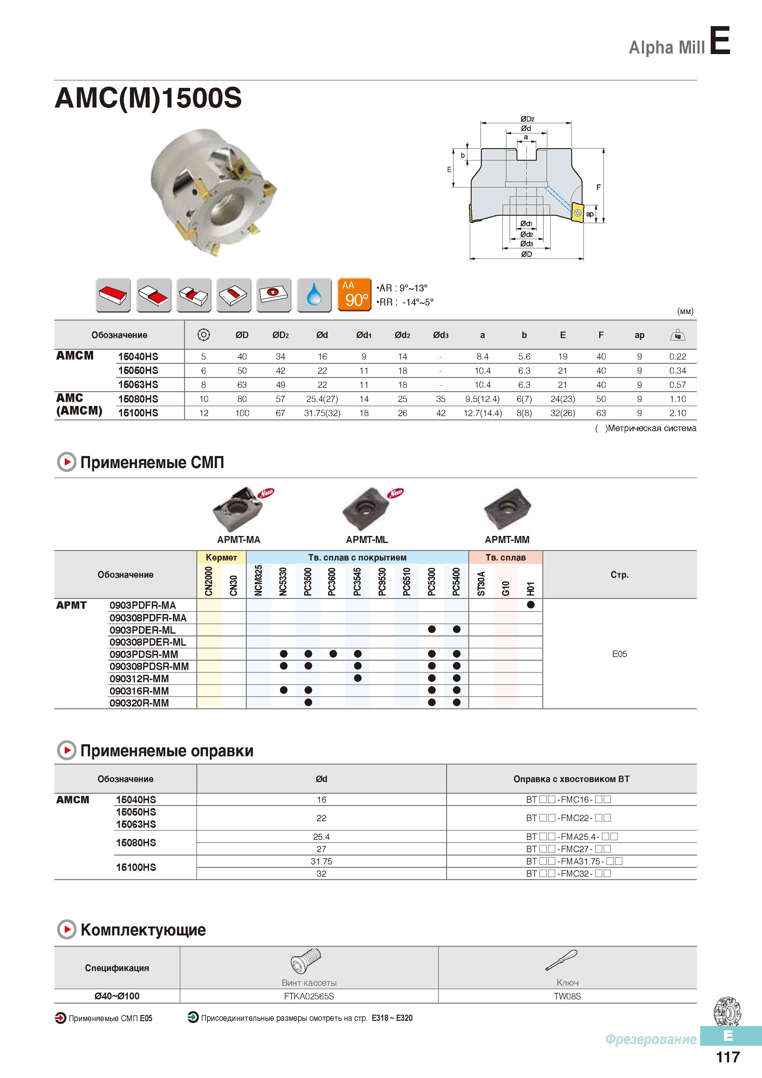 504 Фрезы Korloy Alpha Mill AMC(M)1500S Метрическая система Применяемые СМП Каталог KORLOY 2016 Металлорежущий инструмент и инструментальная оснастка для токарных фрезерных резьбонарезных сверлильных расточных технологических операций на станках Стр. E117