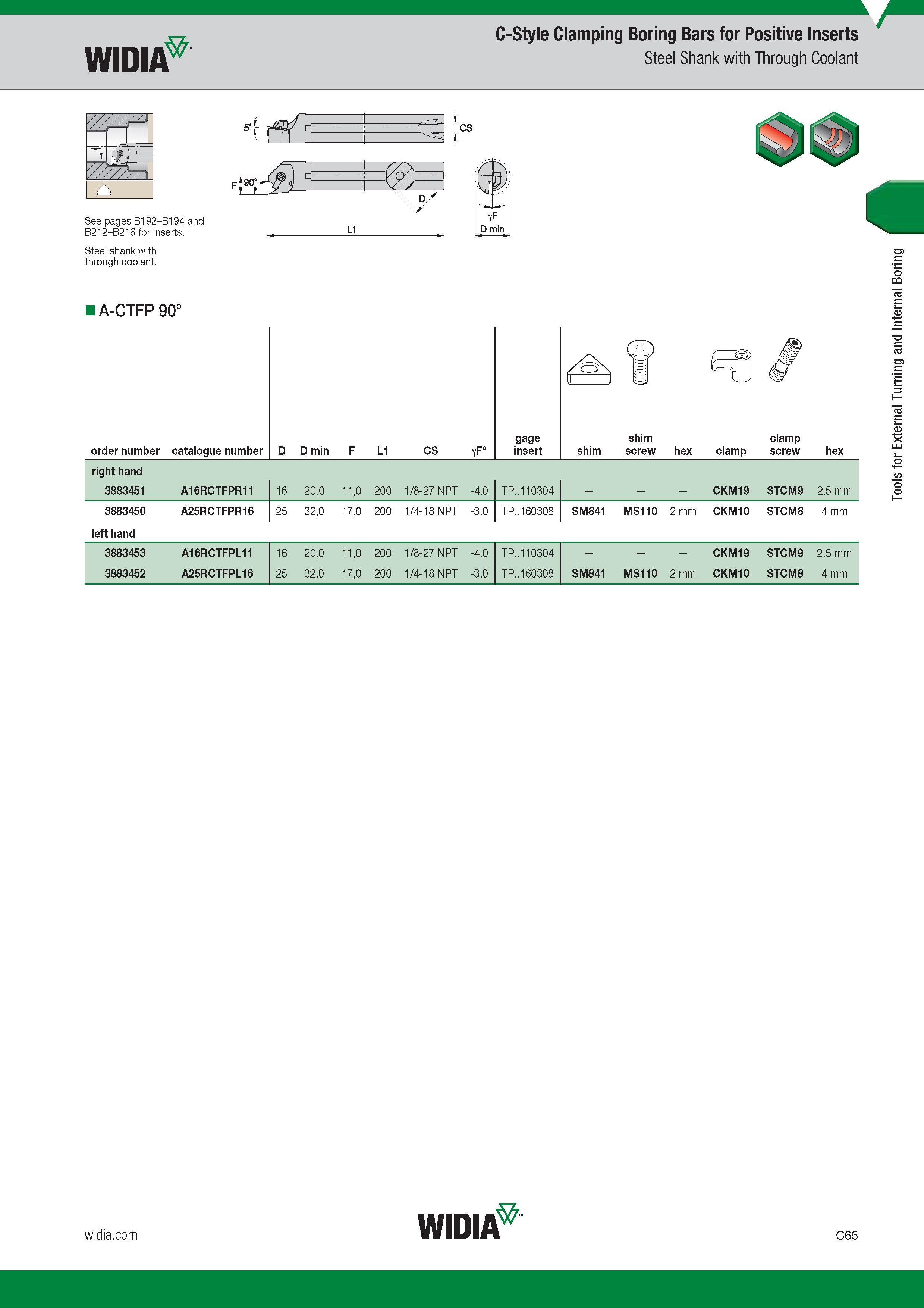 305 Widia C-Style Clamping Boring Bars for Positive Inserts Steel Shank with Through Coolant cs 90- See pages B192-B194 and B212-B216 for inserts Steel Каталог WIDIA 2017 Металлорежущий инструмент Стационарный и вращающийся для металлообрабатывающих станков и оборудования Стр. C65 ENG