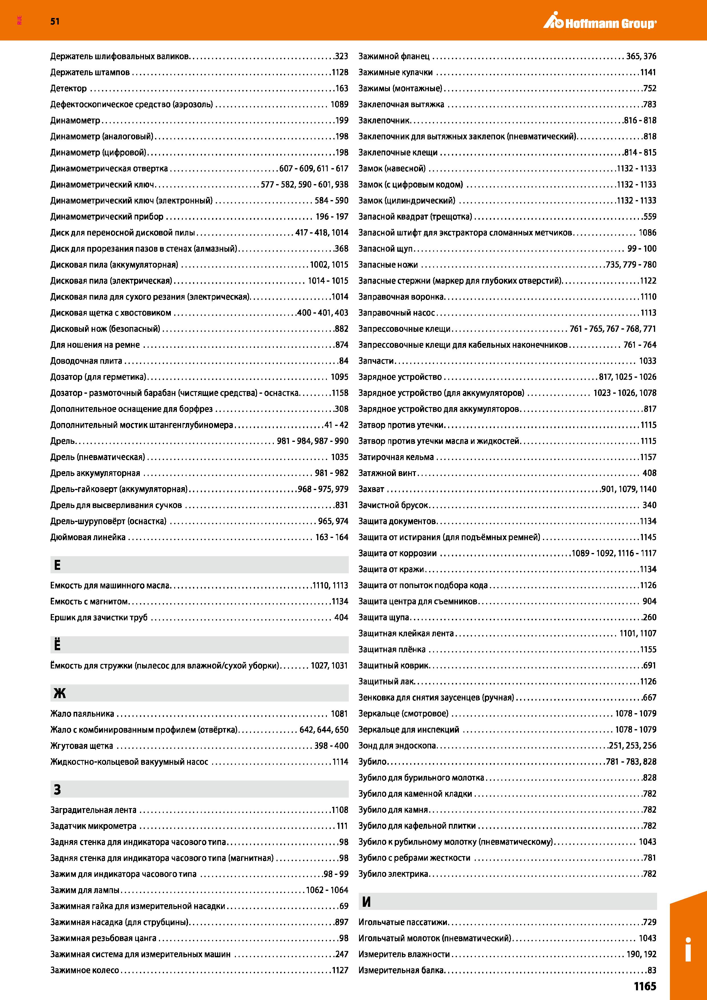 1165 Hoffmann Group 51 Держатель шлифовальных валиков 323 Держатель штампов 1128 Детектор 163 Дефектоскопическое средство (аэрозоль) 1089 Динамометр 1 Каталог HOFFMANN GROUP 2020 Измерительный и ручной инструмент Инвентарь Абразивы Шлифовальные и отрезные круги Электроинструмент Пневмоинструмент Штангенциркули Стр. 1165