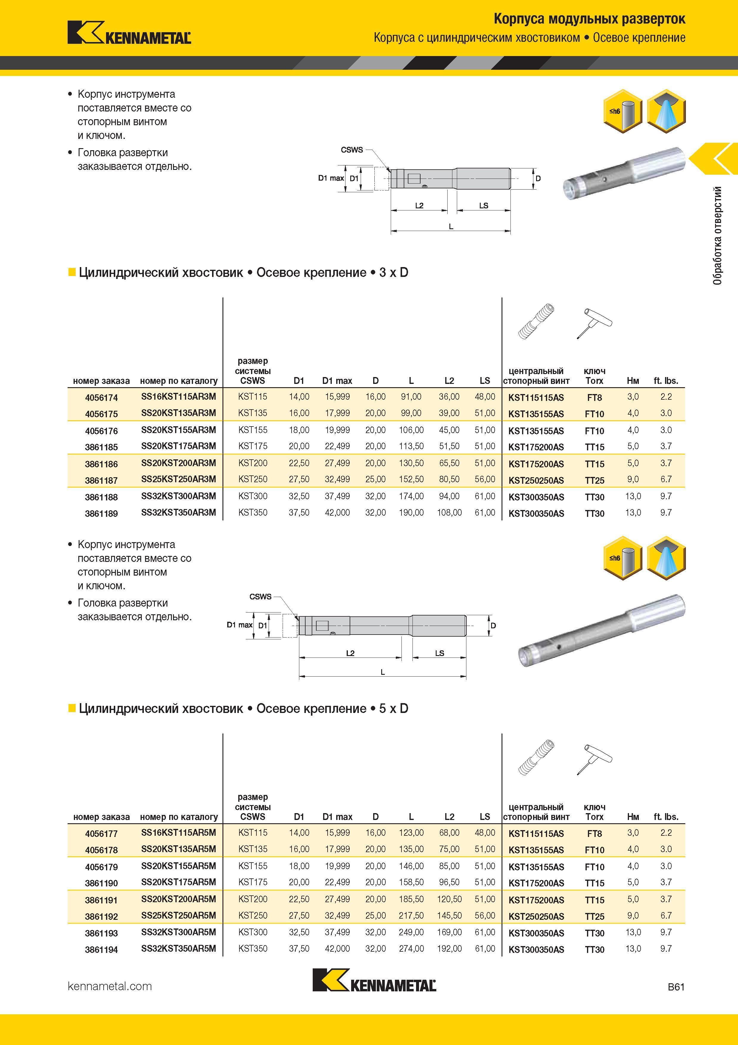 193 Kennametal Корпуса модульных разверток Корпуса с цилиндрическим хвостовиком Осевое крепление Корпус инструмента поставляется вместе со стопо Каталог KENNAMETAL 2017 Новый режущий инструмент и инструментальные системы для металлорежущих промышленных станков и комплексов Стр. B61
