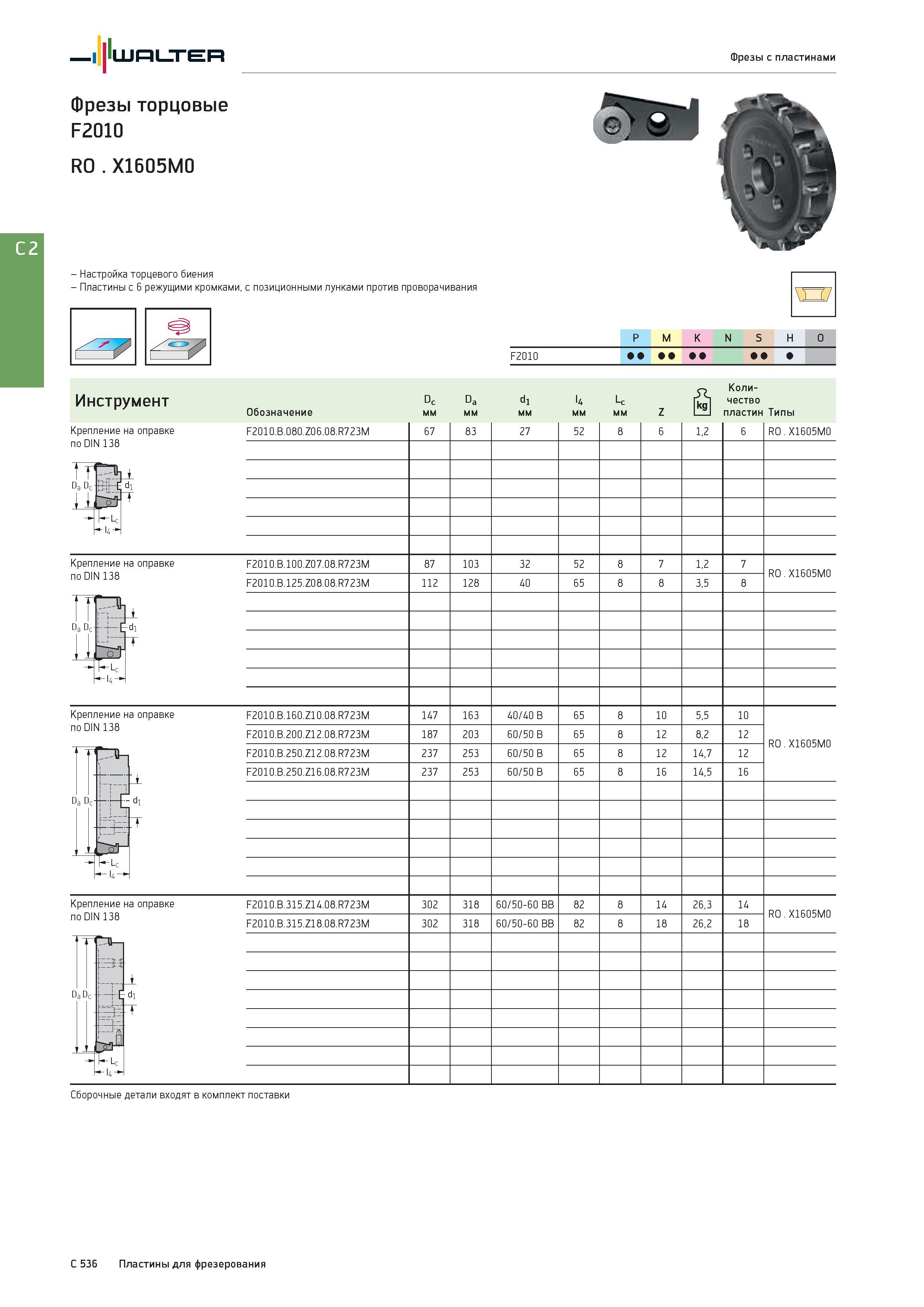 2248 Walter Фрезы с пластинами Фрезы торцовые F2010 RO X1605M0 - Настройка торцевого биения - Пластины с 6 режущими кромками, с позиционными лунками против пр Каталог WALTER 2017 Инструмент металлорежущий и вспомогательный для металлообрабатывающих станков Сменные пластины Резцы Державки Расточные оправки Сверла Фрезы Патроны Стр. C536