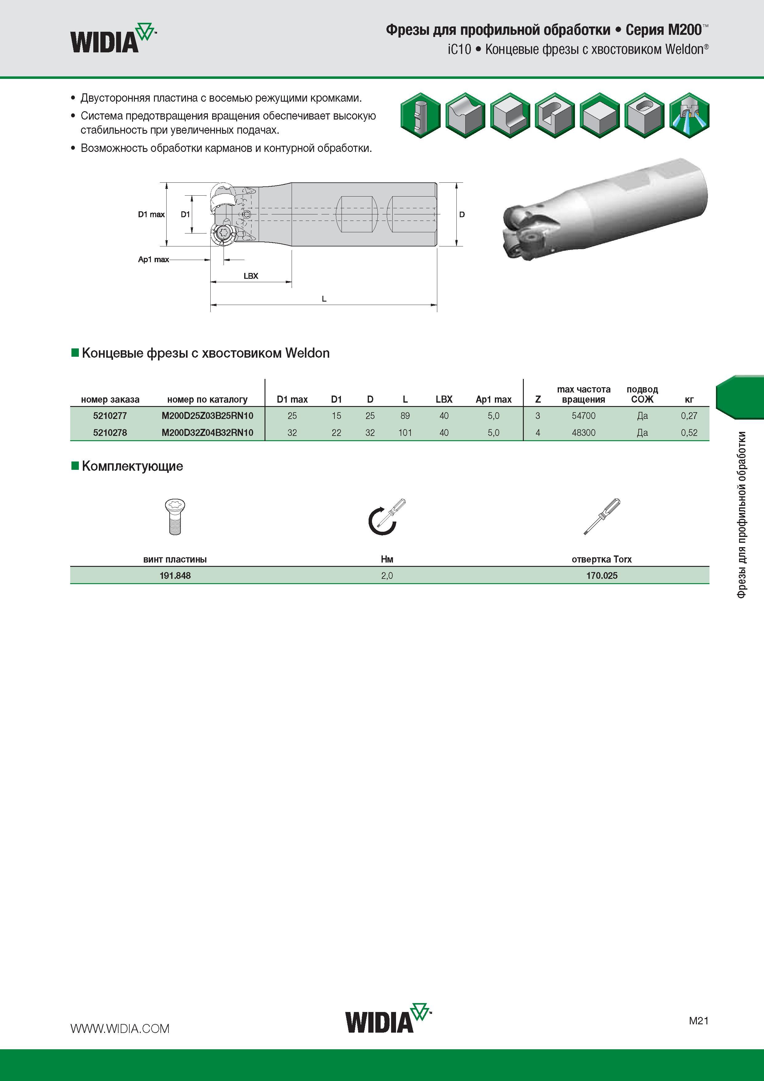 227 WIDIA Фрезы для профильной обработки Серия M200 iC10 Концевые фрезы с хвостовиком Weldon Двусторонняя пластина с восемью режущими кромками Система предотвр Каталог WIDIA 2016 Фрезы со сменными режущими пластинами для фрезерования заготовок из металлов и сплавов на металлорежущих станках Инструмент фрезерный Стр. M21