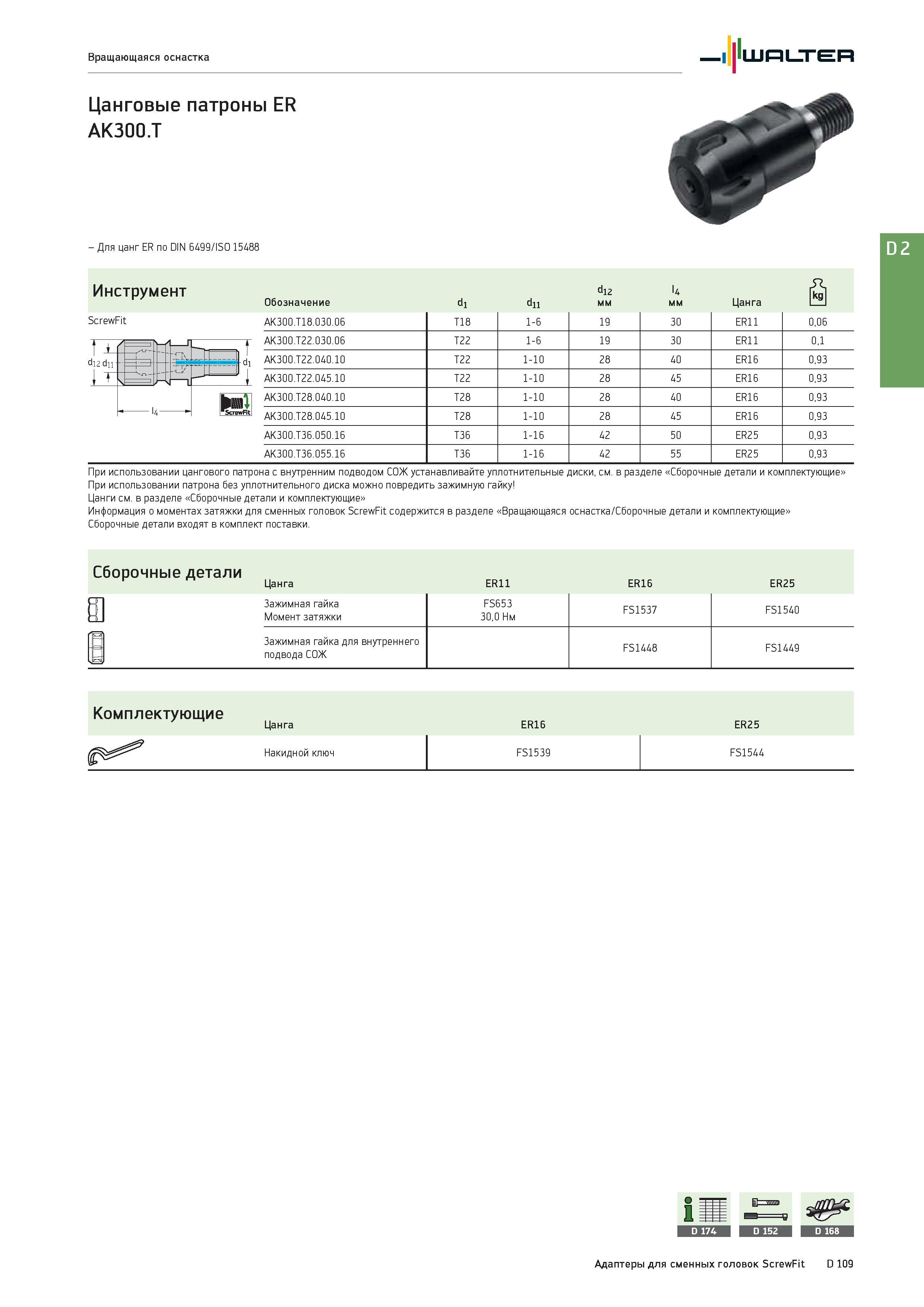 2521 - Для цанг ER по DIN 6499/ISO 15488 Инструмент ScrewFit W di2 dii ; h 4 xiv -n 1 + si '1 1 1 Ji ScrewFit Обозначение d1 d11 d12 мм l4 мм Цанга AK300 T18 Каталог WALTER 2017 Инструмент металлорежущий и вспомогательный для металлообрабатывающих станков Сменные пластины Резцы Державки Расточные оправки Сверла Фрезы Патроны Стр. D109