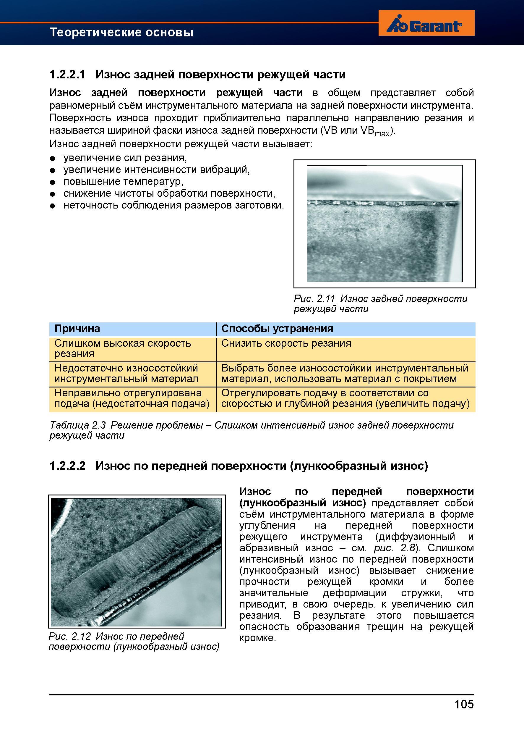 133 Износ задней поверхности инструмента при резании в общем представляет собой равномерный съём инструментального материала (фаска износа) Справочник HOFFMANN GROUP 2012 Обработка материалов резанием Garant ToolScout Металлорежущий инструмент и инструментальная оснастка для станков Стр. 105