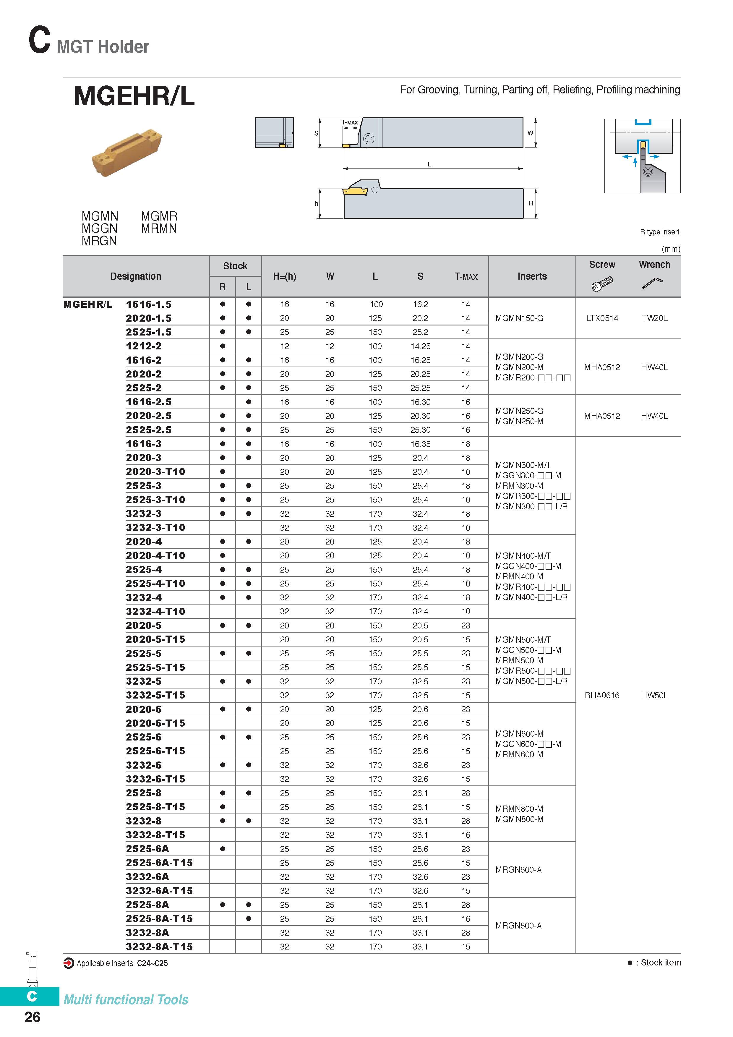 285 MGT Holder MGEHR/L For Grooving, Turning, Parting off, Reiiefing, Profiling machining MGMN MGMR MGGN MRMN MRGN R type insert (mm) Stock Screw Wrench Design Каталог KORLOY 2016 Металлорежущий инструмент для точения фрезерования сверления и инструментальная станочная оснастка для металлообрабатывающих станков Стр. C26