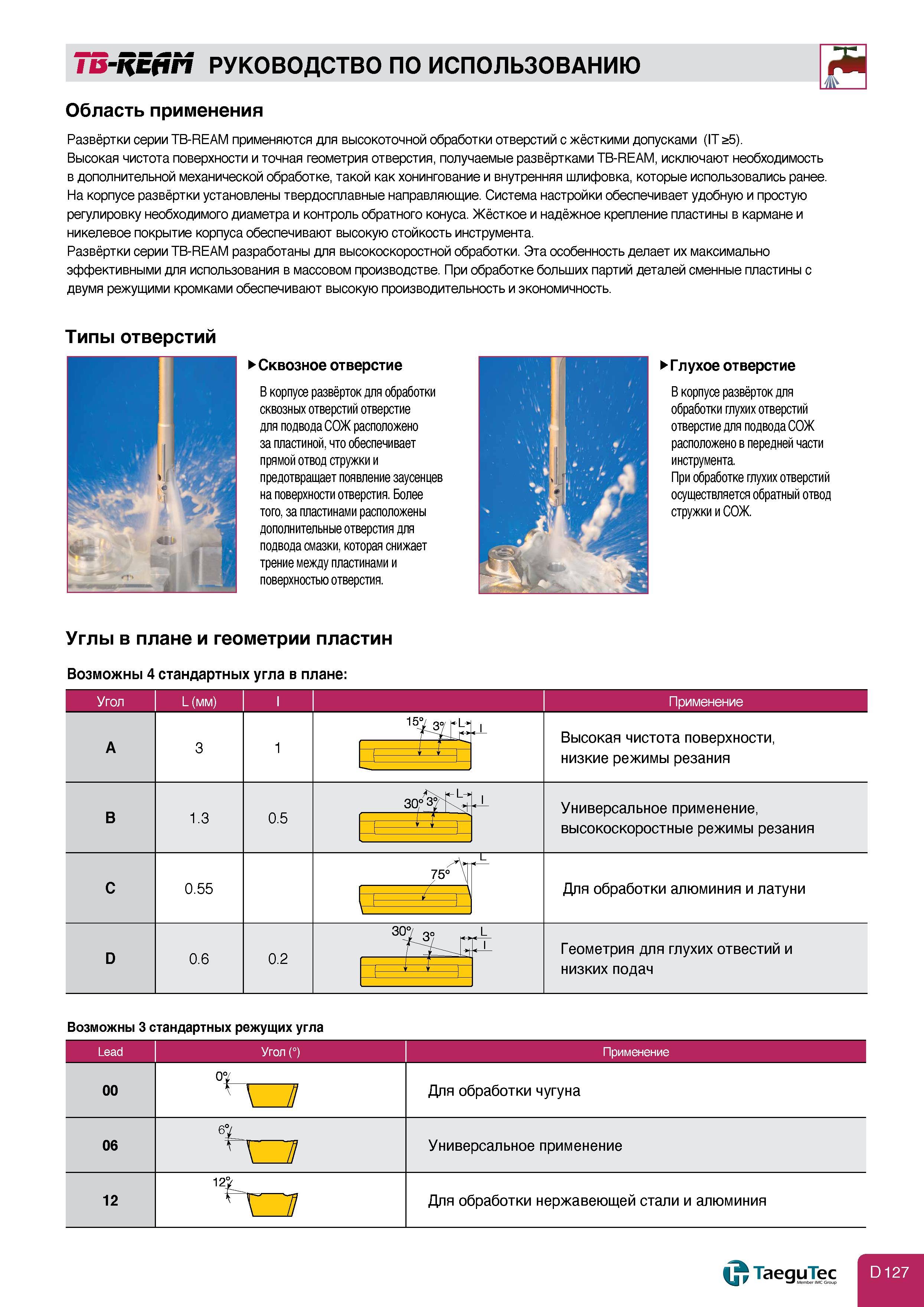 435 РУКОВОДСТВО ПО использованию Область применения Развёртки серии TB-REAM применяются для высокоточной обработки отверстий с жёсткими допусками (IT 5) Каталог TAEGUTEC 2011 Металлорежущий инструмент и инструментальная оснастка Стр. D127