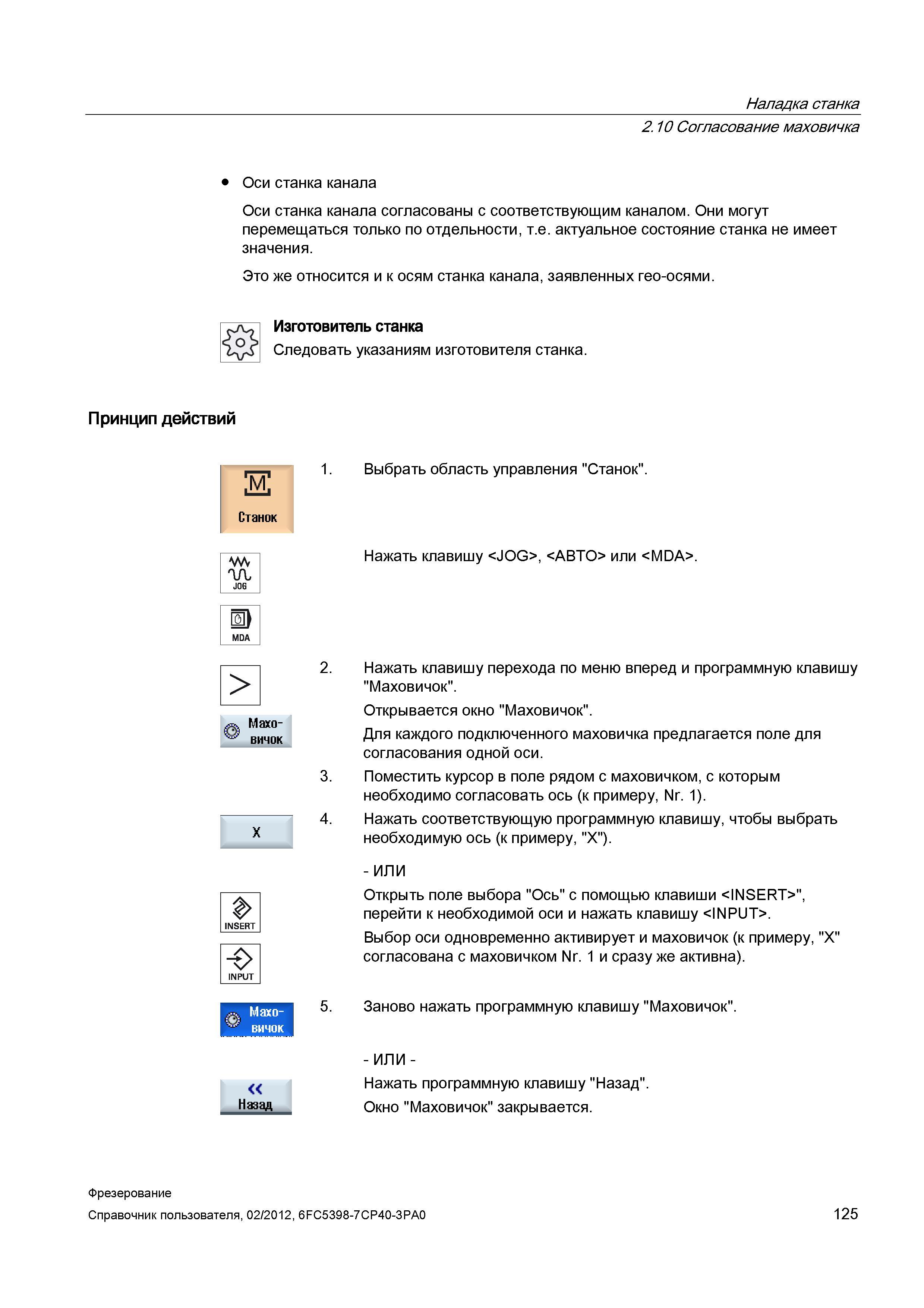 125 Оси станка канала согласованы с соответствующим каналом Они могут перемещаться только по отдельности, т е актуальное состояние станка не име Справочник пользователя SIEMENS 840D sl 828D SINUMERIK Фрезерная обработка Системы числового программного управления станками СЧПУ Версия 2012 Стр. 125