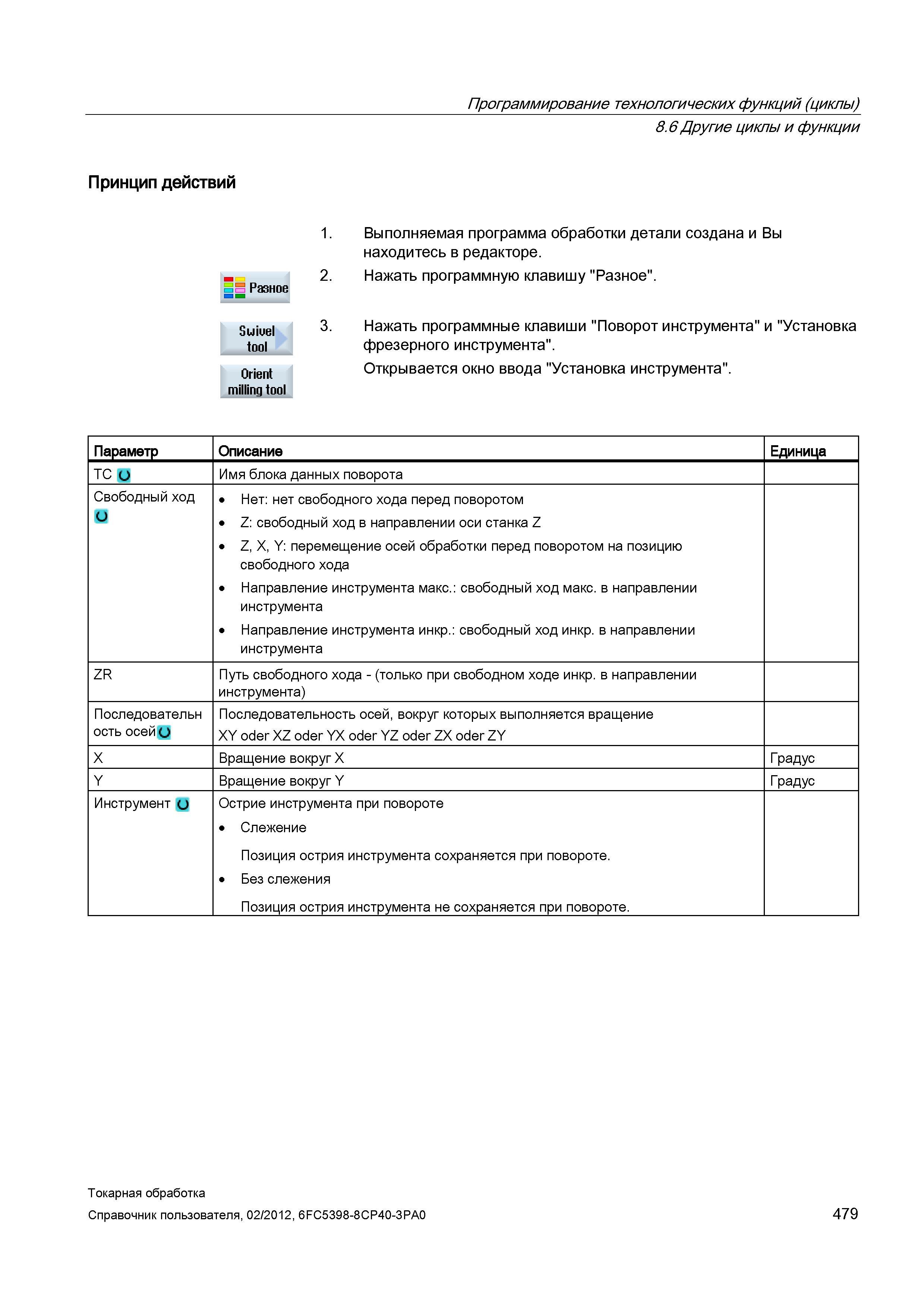 479 Последовательность осей, вокруг которых выполняется вращение XY oder XZ oder YX oder YZ oder ZX oder ZY Х Вращение вокруг X Градус Y Вращение вок Справочник пользователя SIEMENS 840D sl 828D SINUMERIK Токарная обработка Системы числового программного управления станками СЧПУ Версия 2012 Стр. 479