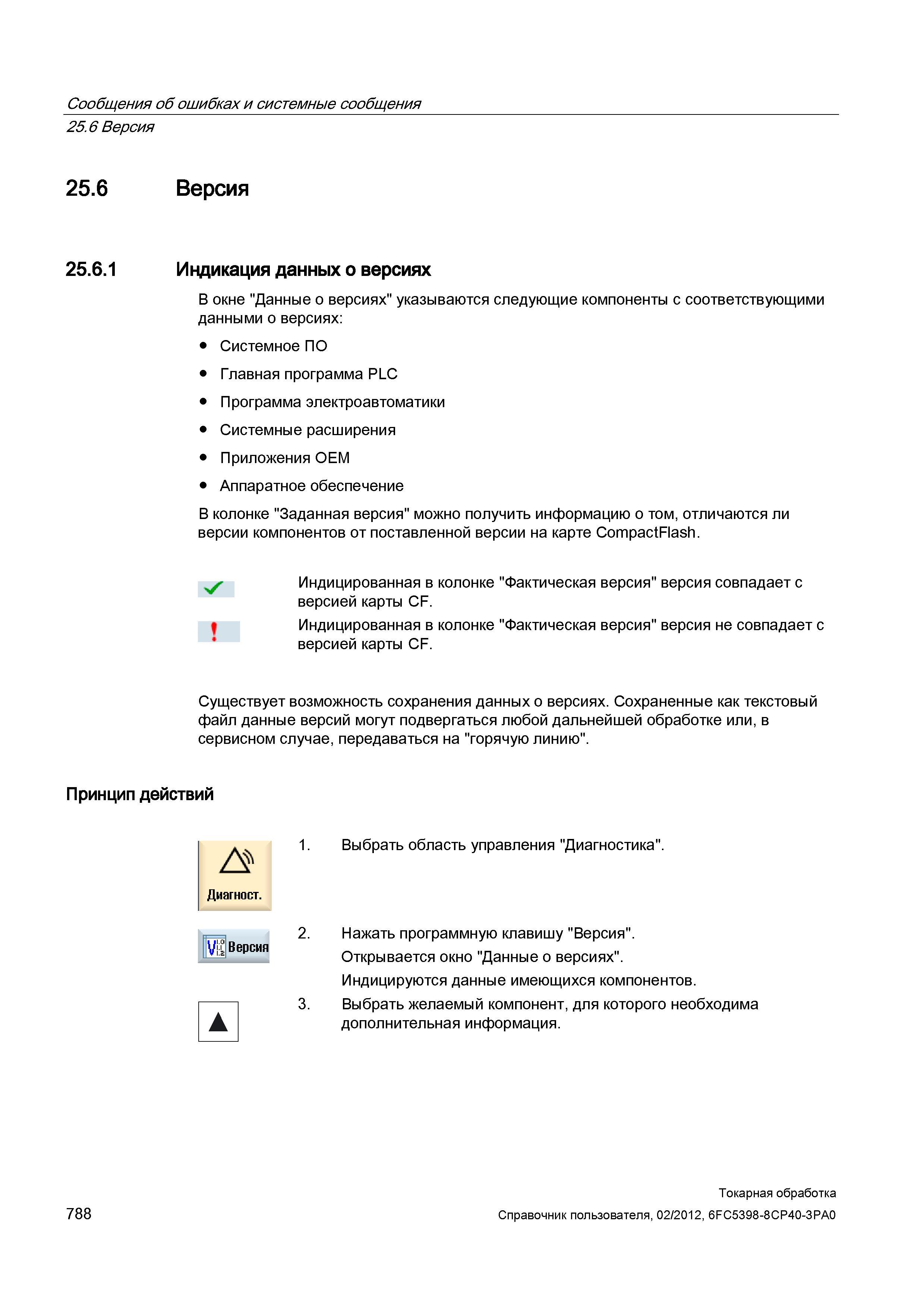 788 В окне Данные о версиях указываются следующие компоненты с соответствующими данными о версиях: Системное ПО Главная программа PLC Программа элект Справочник пользователя SIEMENS 840D sl 828D SINUMERIK Токарная обработка Системы числового программного управления станками СЧПУ Версия 2012 Стр. 788