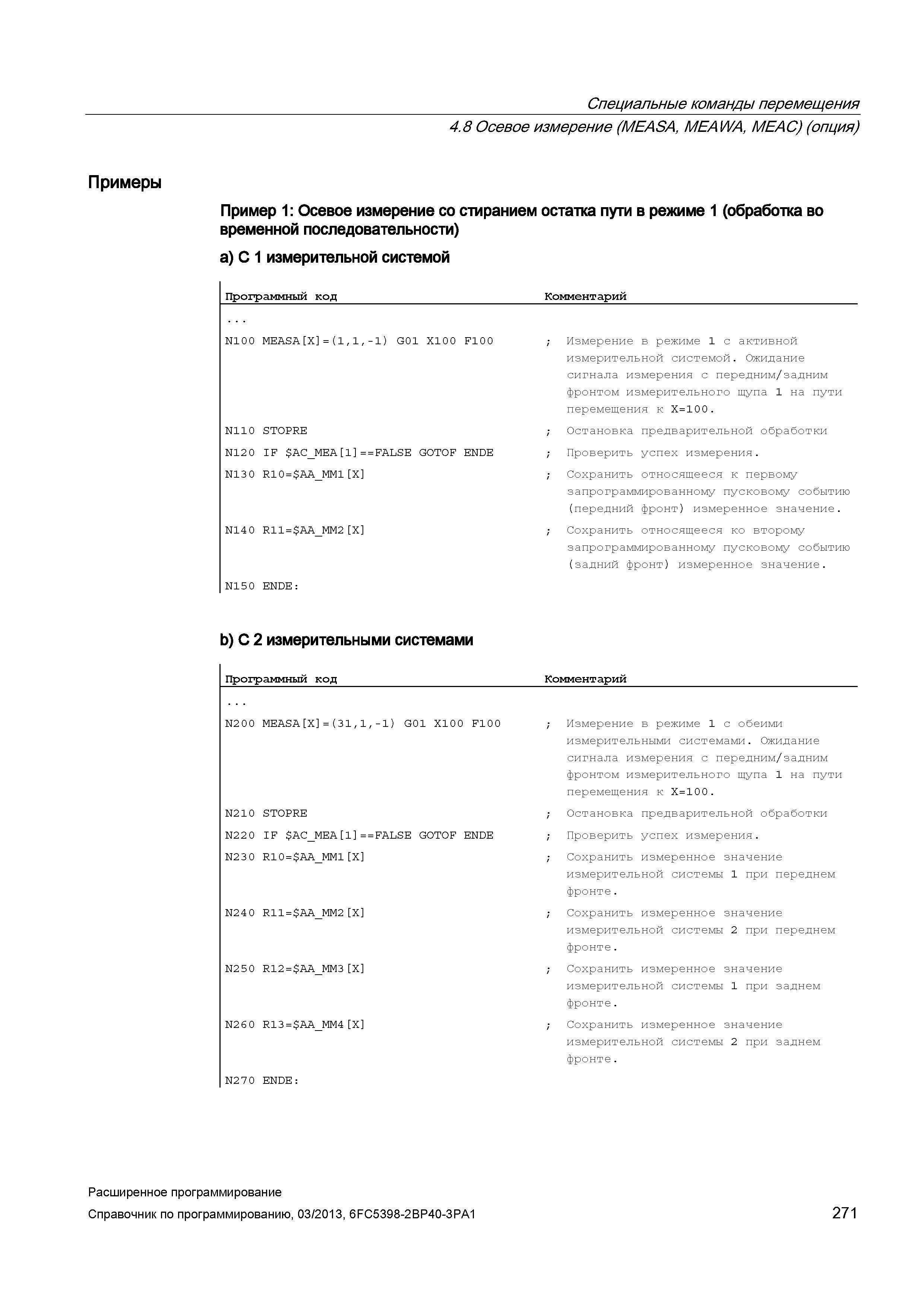 271 Специальные команды перемещения 4 8 Осевое измерение (MEASA, MEAWA, MEAC) (опция) Примеры Пример 1: Осевое измерение со стиранием остатка пути в режиме 1 (обработка во временной последовательности) а) С 1 измерительной системой Программный код Комментарий N100 MEASA X = (1,1,-1) G01 X100 F100 N110 STOPRE N120 IF A Руководство SIEMENS SINUMERIK 840D sl / 828D Расширенное программирование стоек числового программного управления (ЧПУ) металлорежущих станков вер. 2013 Стр. 271