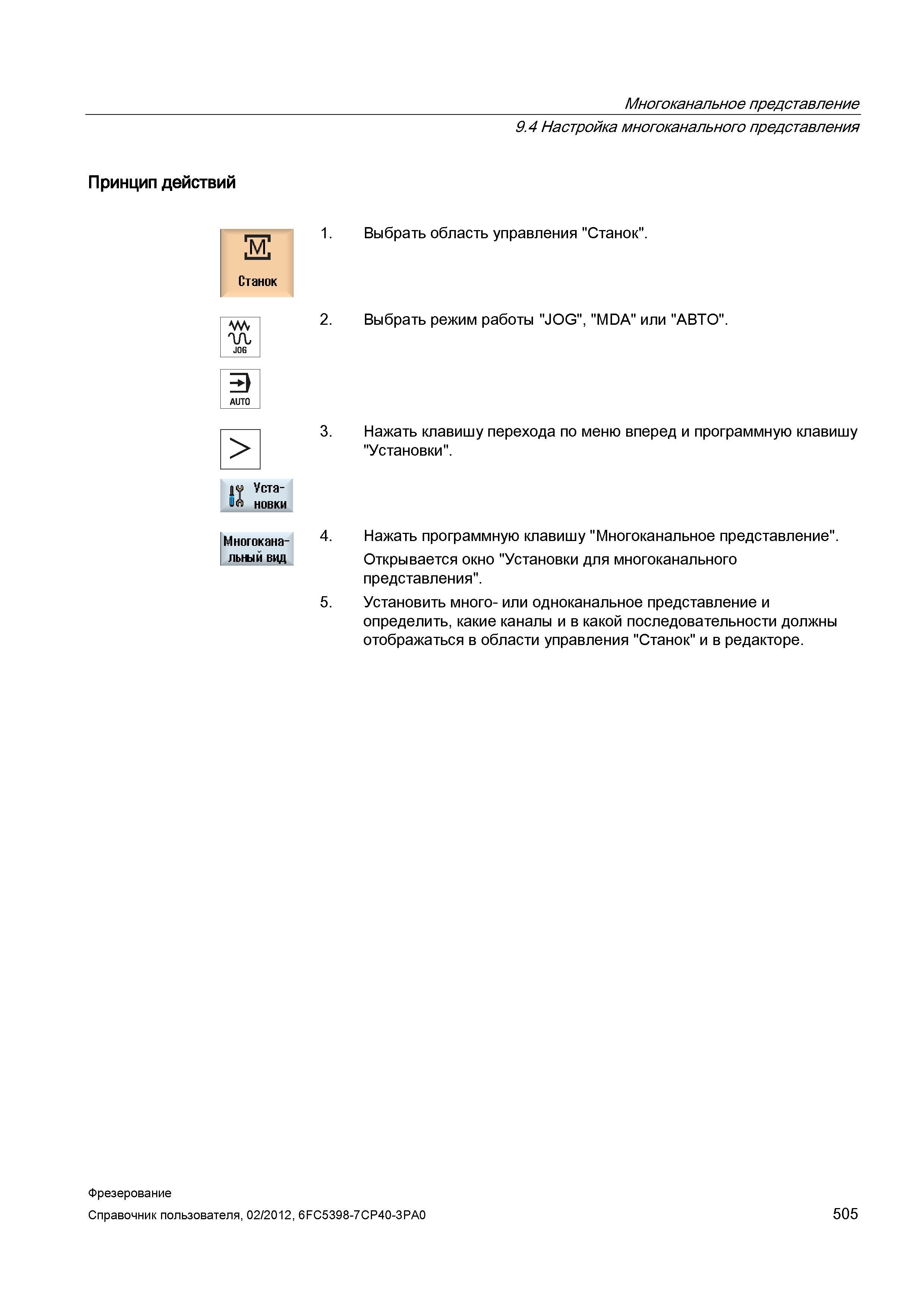 505 Настройка многоканального представления Принцип действий Выбрать область управления Станок 2 Выбрать режим работы JOG , MDA или АВТО Многока Справочник пользователя SIEMENS 840D sl 828D SINUMERIK Фрезерная обработка Системы числового программного управления станками СЧПУ Версия 2012 Стр. 505