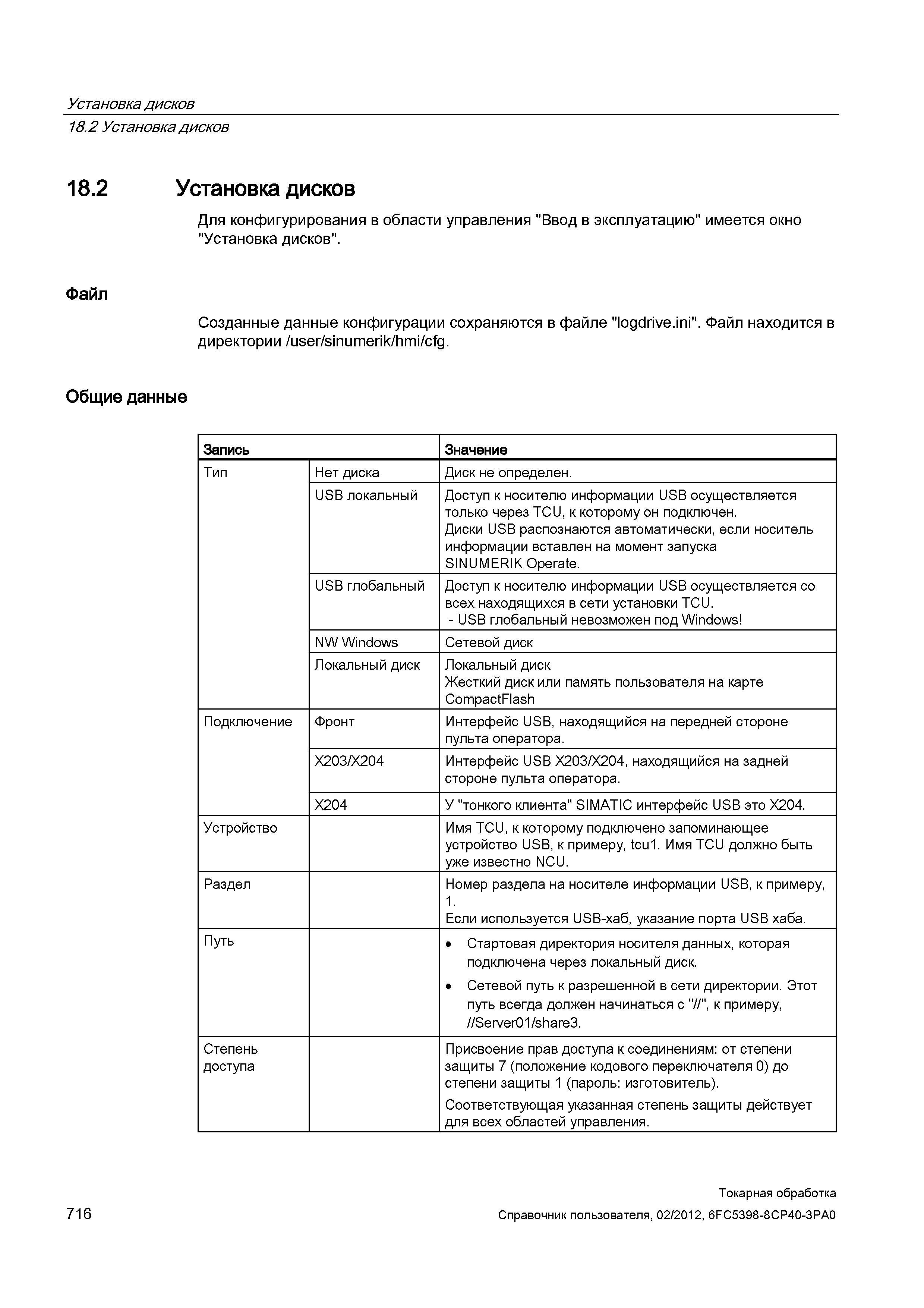 716 Установка дисков Для конфигурирования в области управления Ввод в эксплуатацию имеется окно Установка дисков Файл Созданные данные конфигурации с Справочник пользователя SIEMENS 840D sl 828D SINUMERIK Токарная обработка Системы числового программного управления станками СЧПУ Версия 2012 Стр. 716